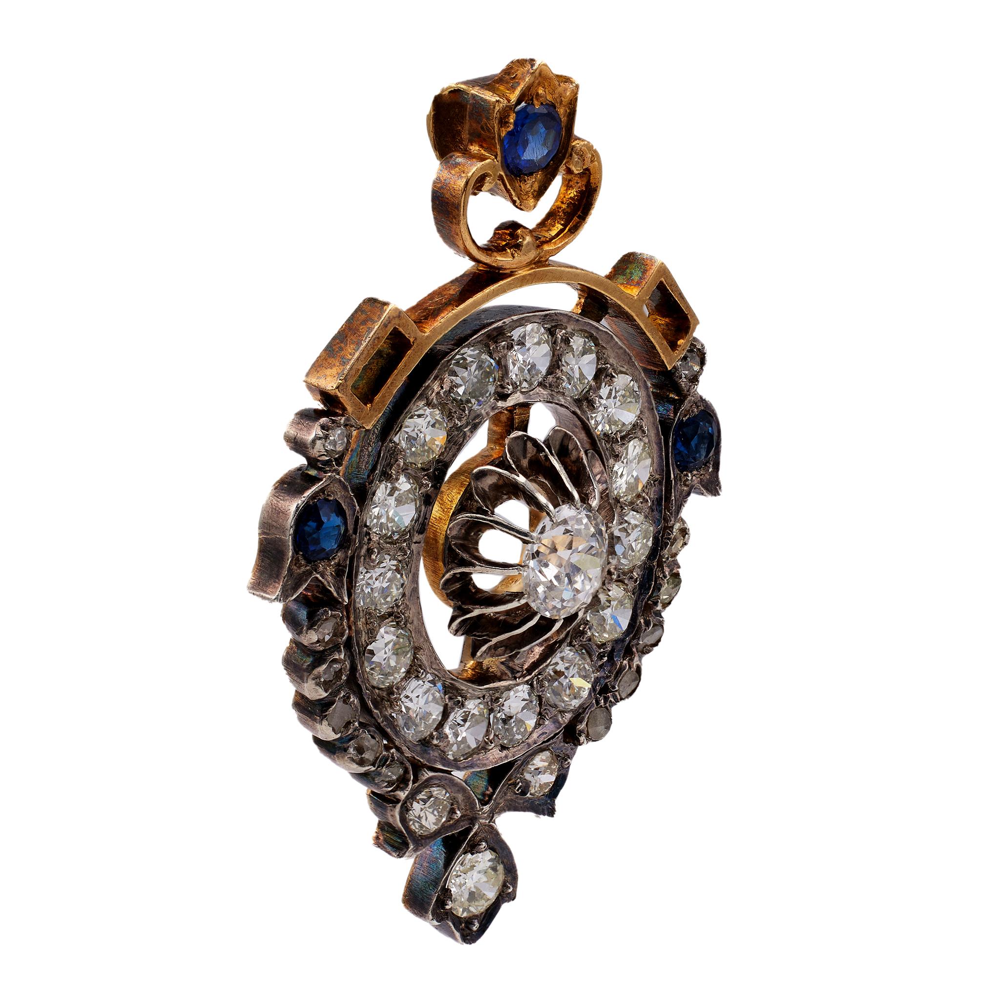 Women's or Men's Victorian Diamond and Sapphire 18k Yellow Gold Silver Pendant