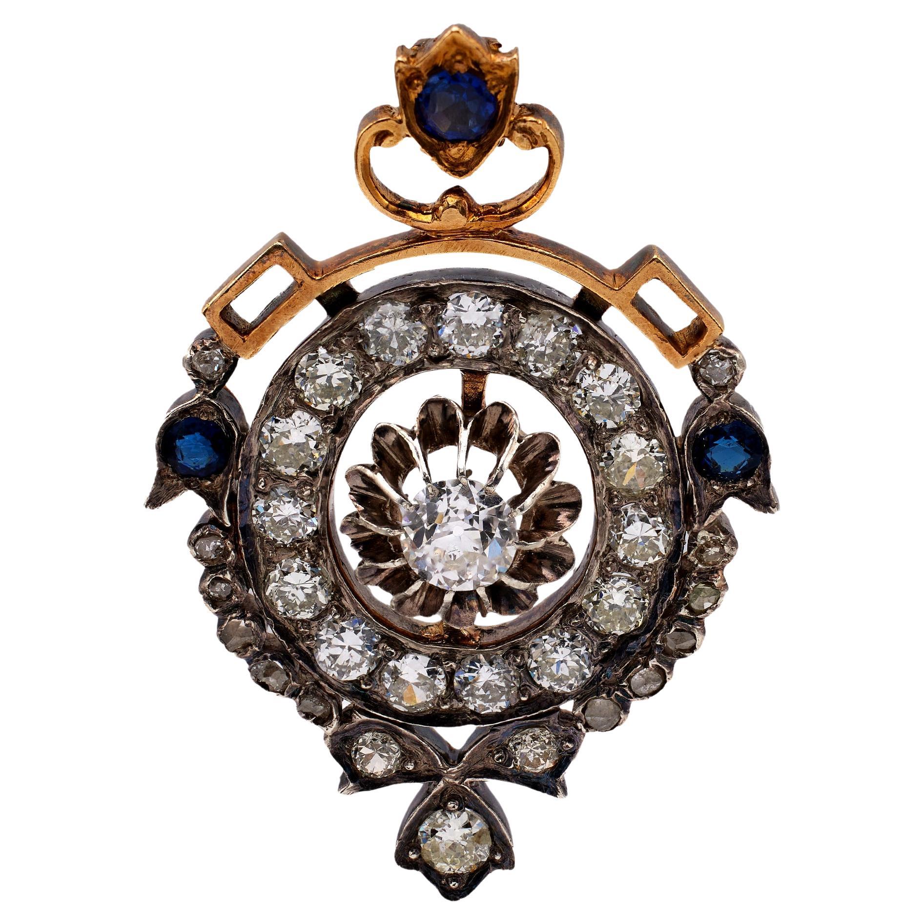Victorian Diamond and Sapphire 18k Yellow Gold Silver Pendant