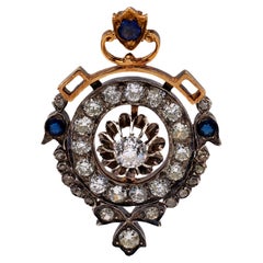Victorian Diamond and Sapphire 18k Yellow Gold Silver Pendant