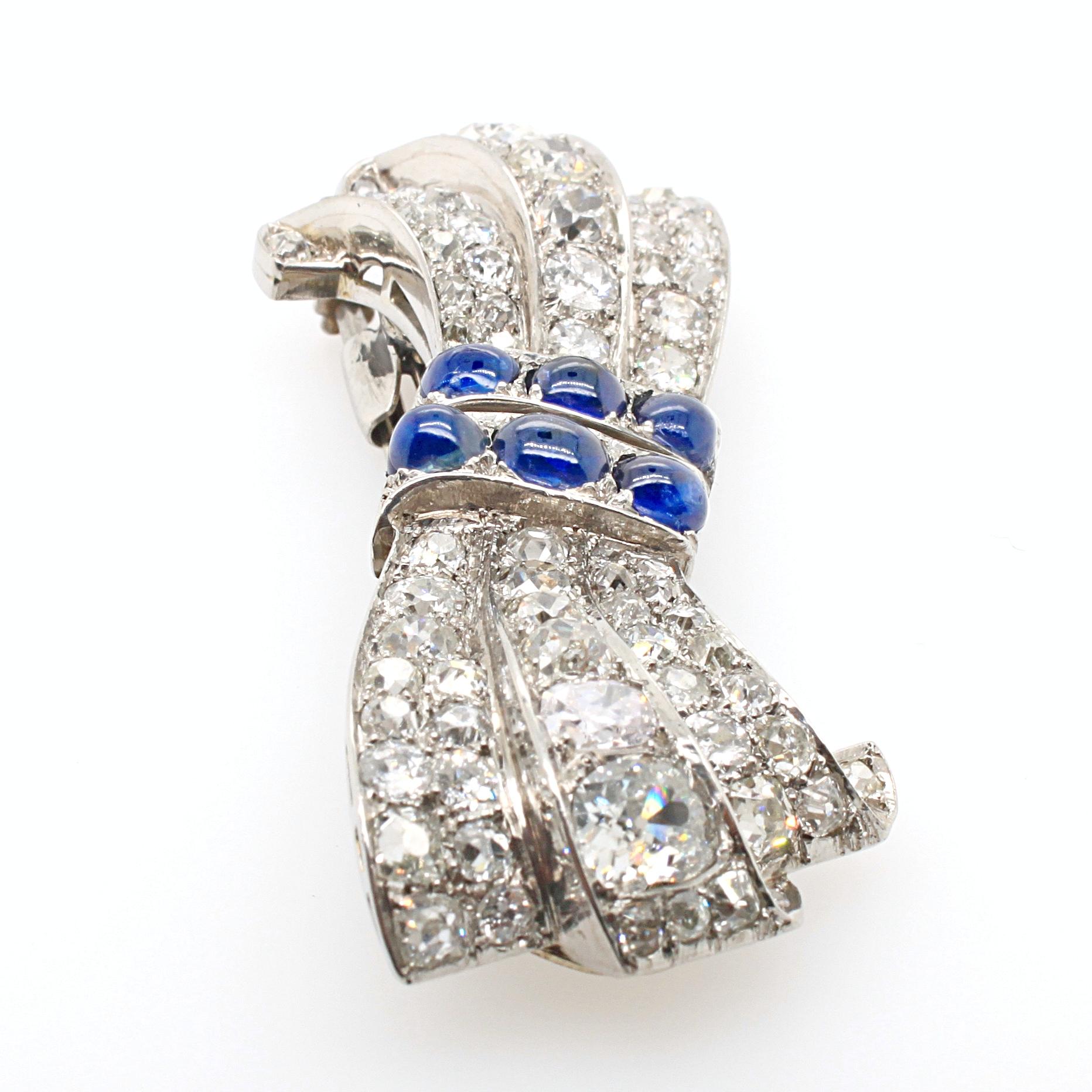 Antique Cushion Cut Victorian Diamond and Sapphire Double Clip Bow Brooch, circa 1880s