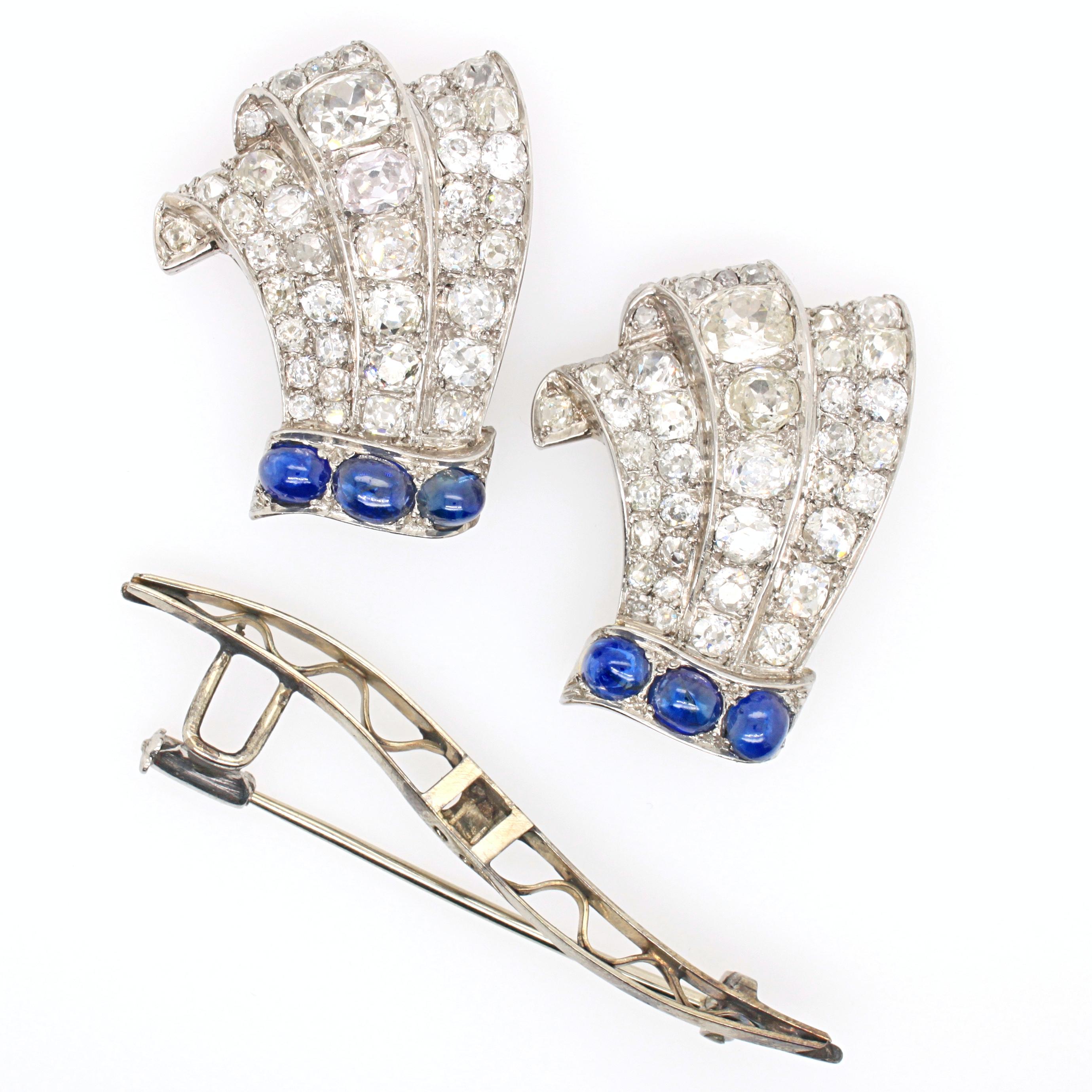 Victorian Diamond and Sapphire Double Clip Bow Brooch, circa 1880s In Excellent Condition In Idar-Oberstein, DE