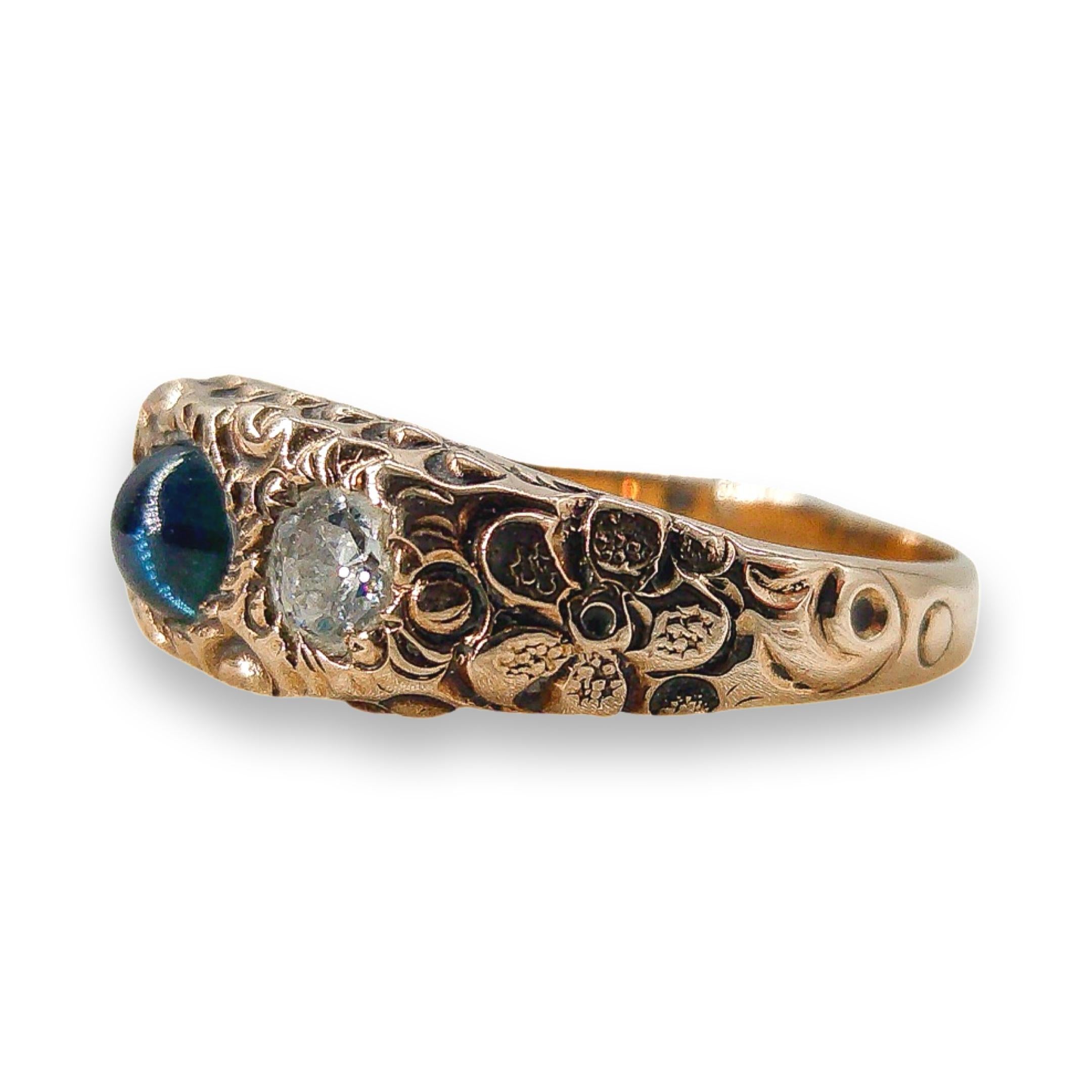 Experience elegance and enchantment with our extraordinary Victorian Diamond and Sapphire Ring. Set in resplendent 10k gold, the band itself is a canvas for the most intricate and enchanting filigree work. Delicate flowers, frozen in time, grace the