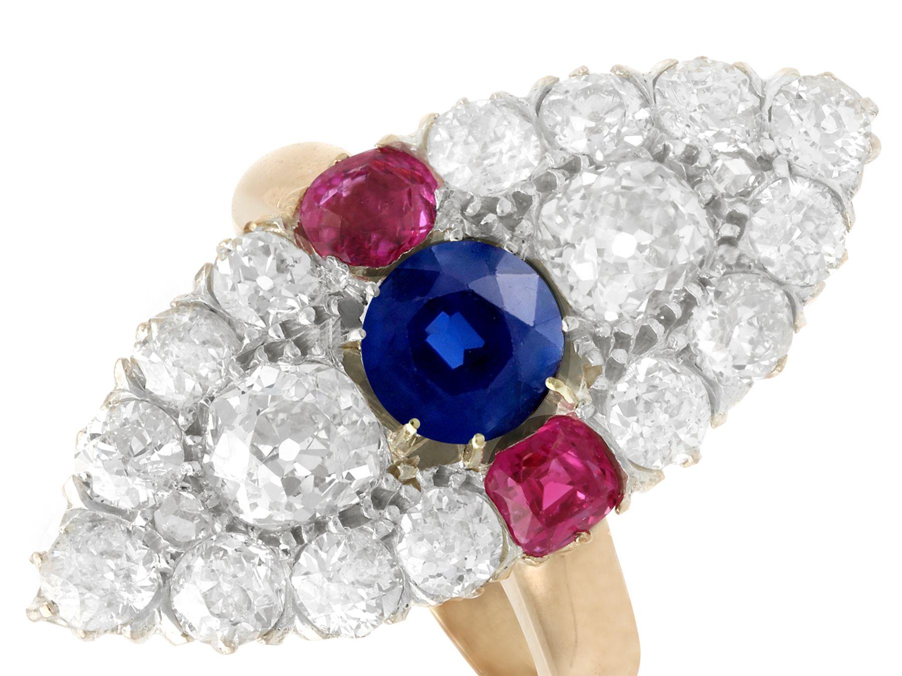 Round Cut Victorian Diamond and Sapphire Ruby and Yellow Gold Marquise Ring For Sale