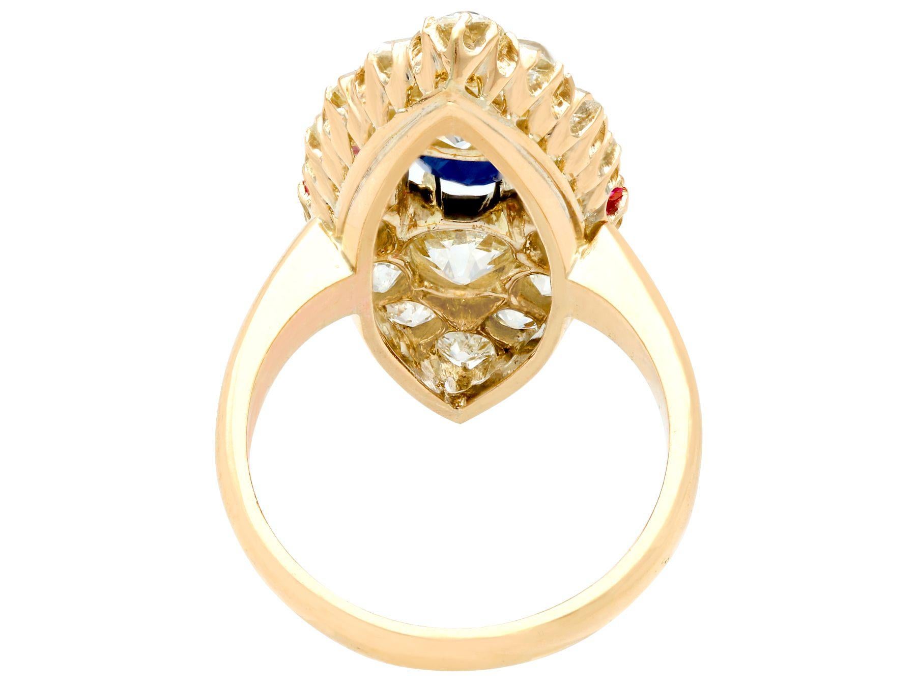 Victorian Diamond and Sapphire Ruby and Yellow Gold Marquise Ring In Excellent Condition For Sale In Jesmond, Newcastle Upon Tyne