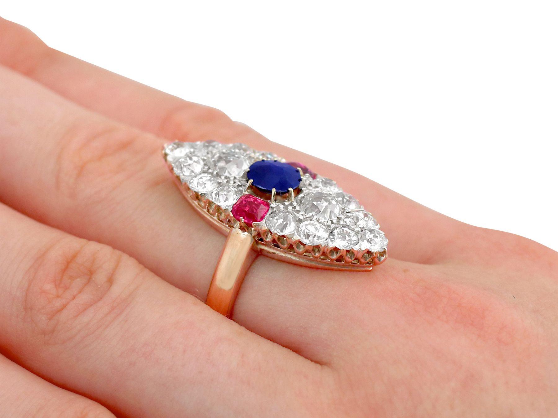 Victorian Diamond and Sapphire Ruby and Yellow Gold Marquise Ring For Sale 2