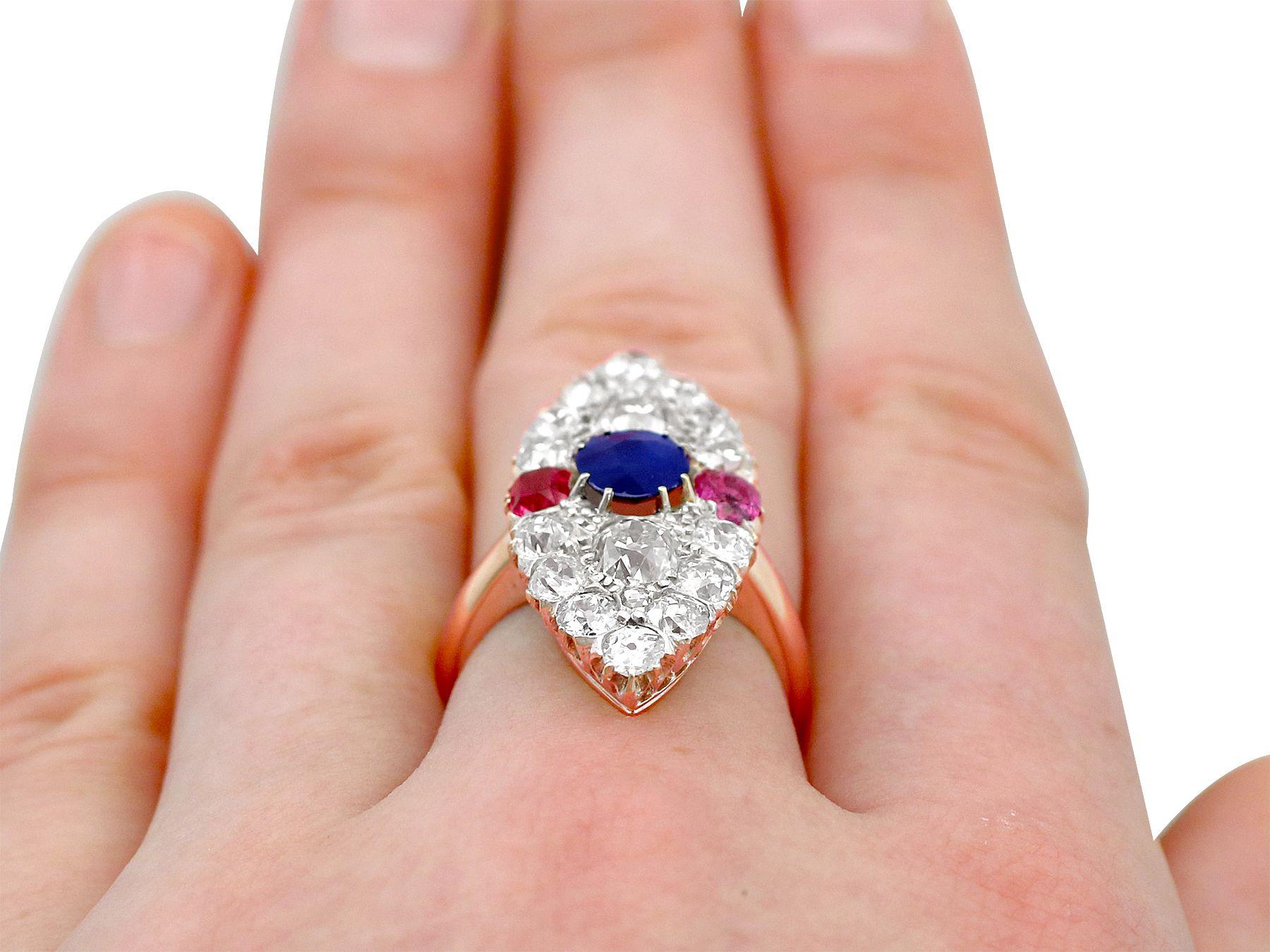 Victorian Diamond and Sapphire Ruby and Yellow Gold Marquise Ring For Sale 3