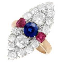 Victorian Diamond and Sapphire Ruby and Yellow Gold Marquise Ring