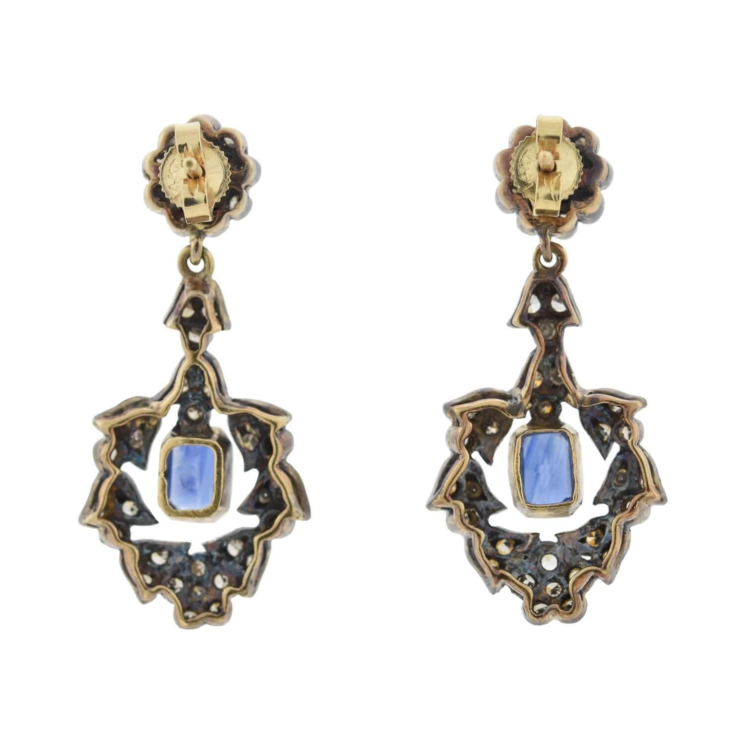 Rose Cut Victorian Diamond and Sapphire Wreath Dangle Earrings