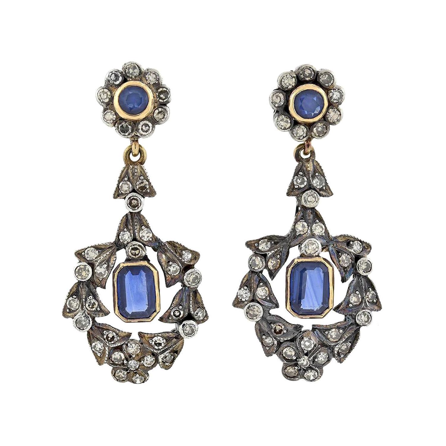 Victorian Diamond and Sapphire Wreath Dangle Earrings