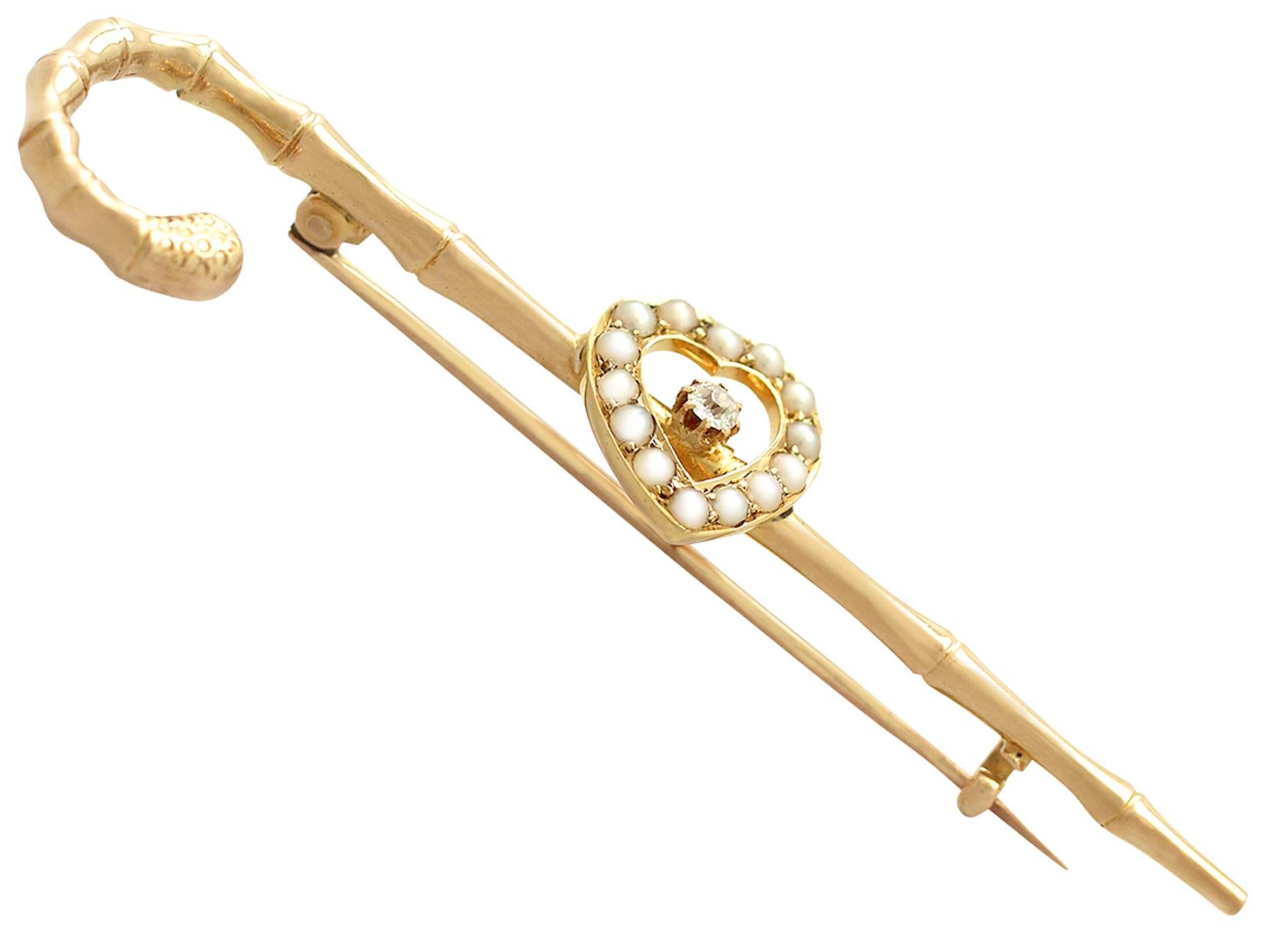 Round Cut Victorian Diamond and Seed Pearl Yellow Gold Brooch For Sale