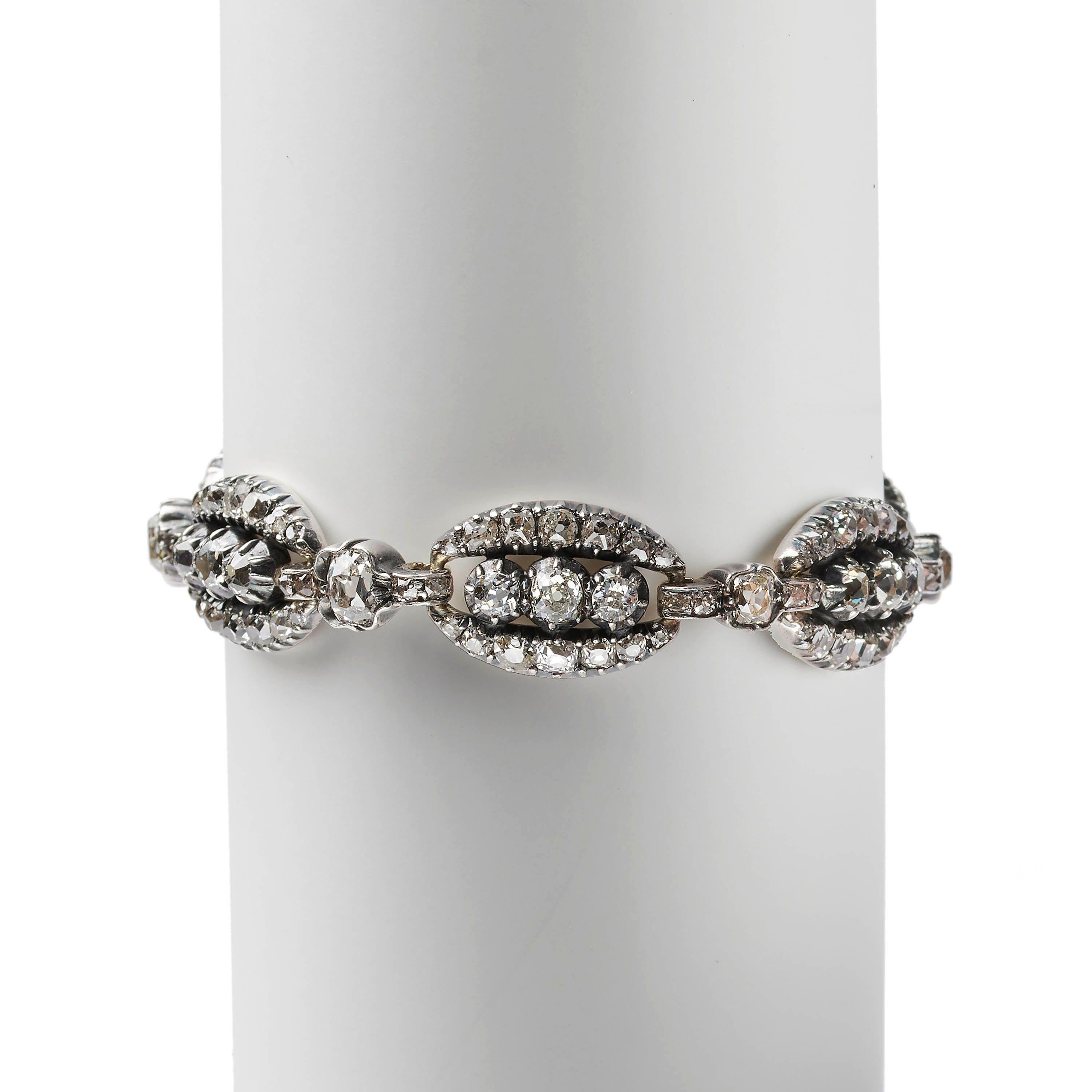Victorian Diamond and Silver Upon Gold Bracelet, 10.50ct, Circa 1870 For Sale 1