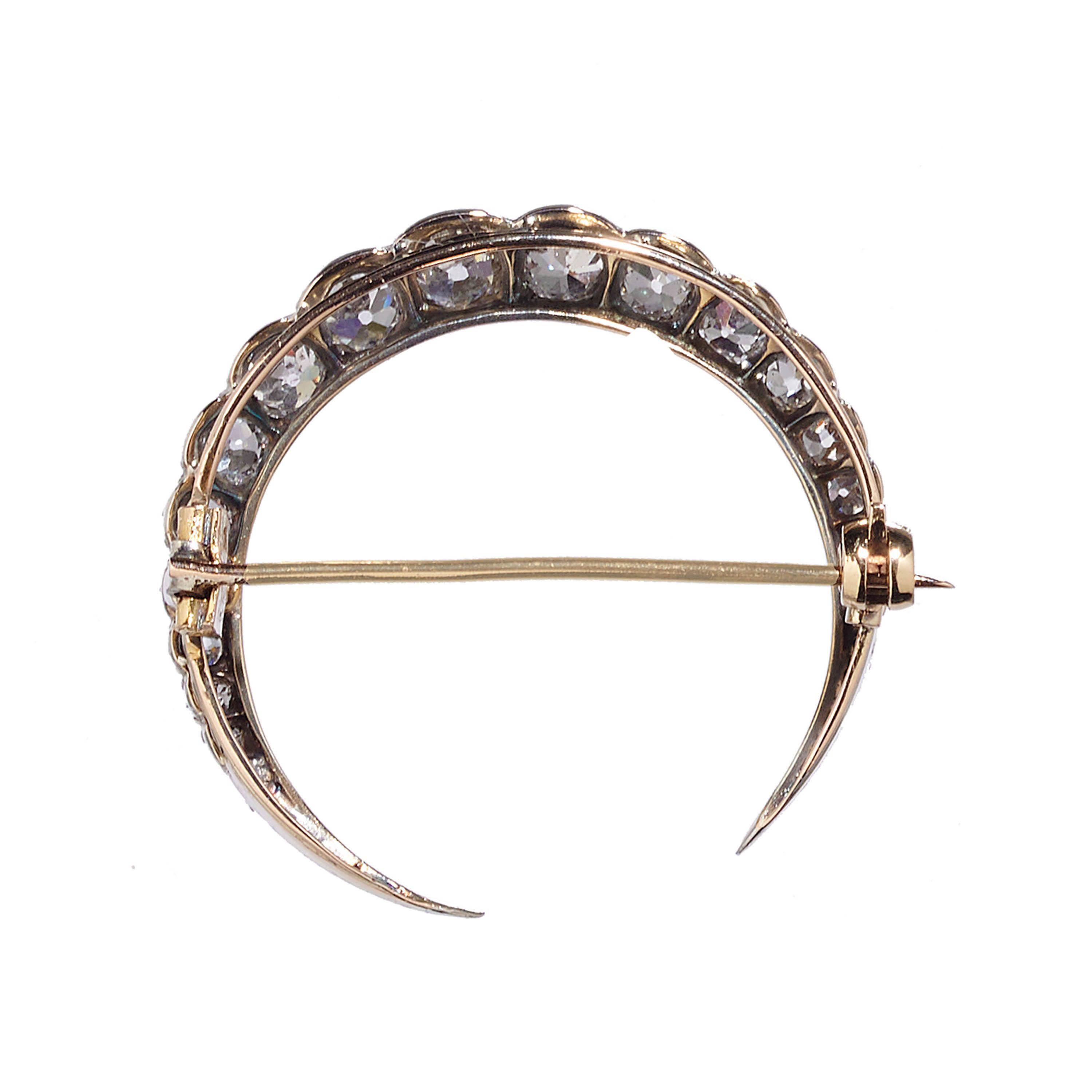 Old Mine Cut Victorian Diamond And Silver Upon Gold Crescent Brooch, Circa 1890, 3.50 Carats For Sale