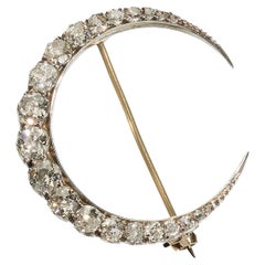 Antique Victorian Diamond And Silver Upon Gold Crescent Brooch, Circa 1890, 3.50 Carats