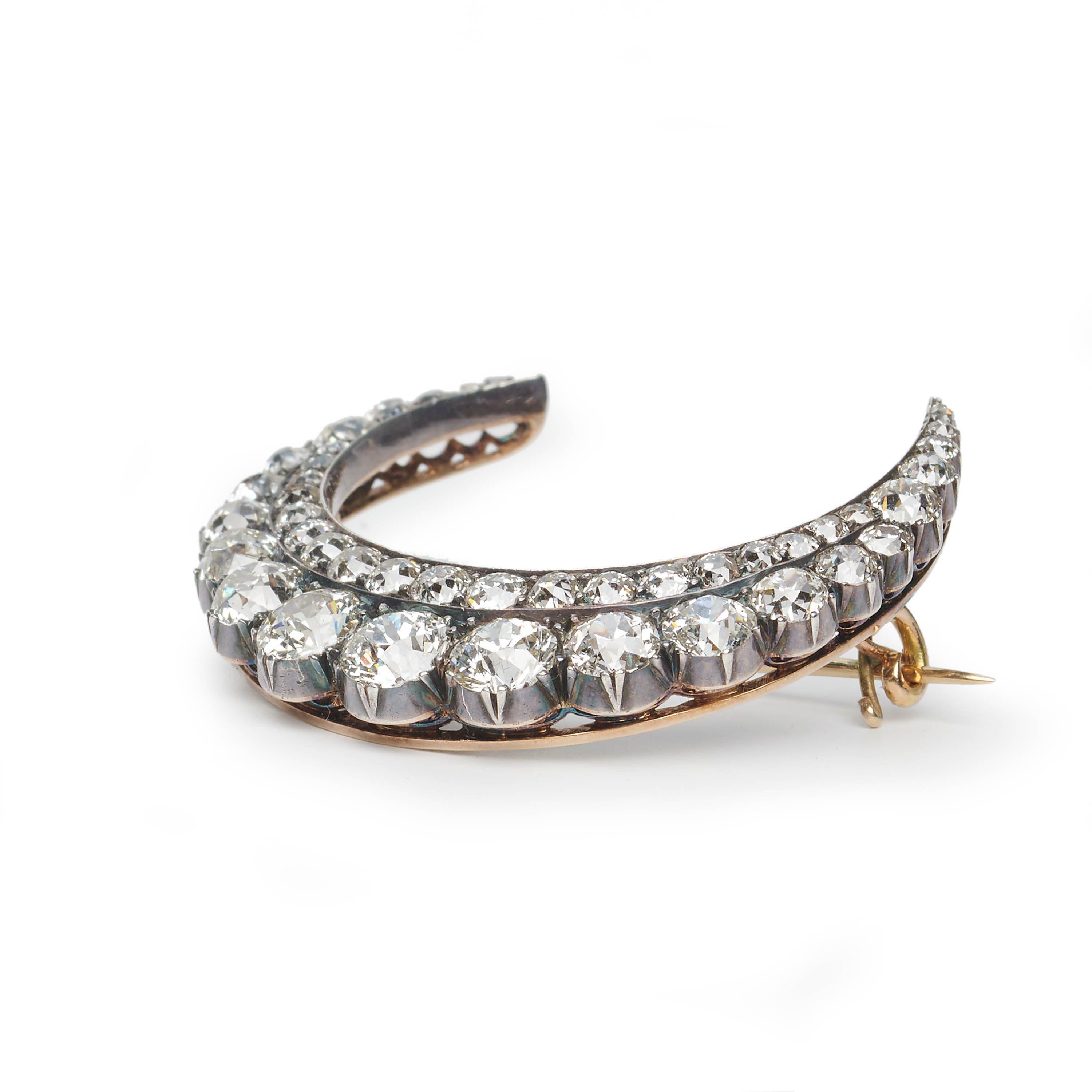 Old Mine Cut Victorian Diamond And Silver Upon Gold Crescent Brooch, Circa 1890, 5.40 Carats
