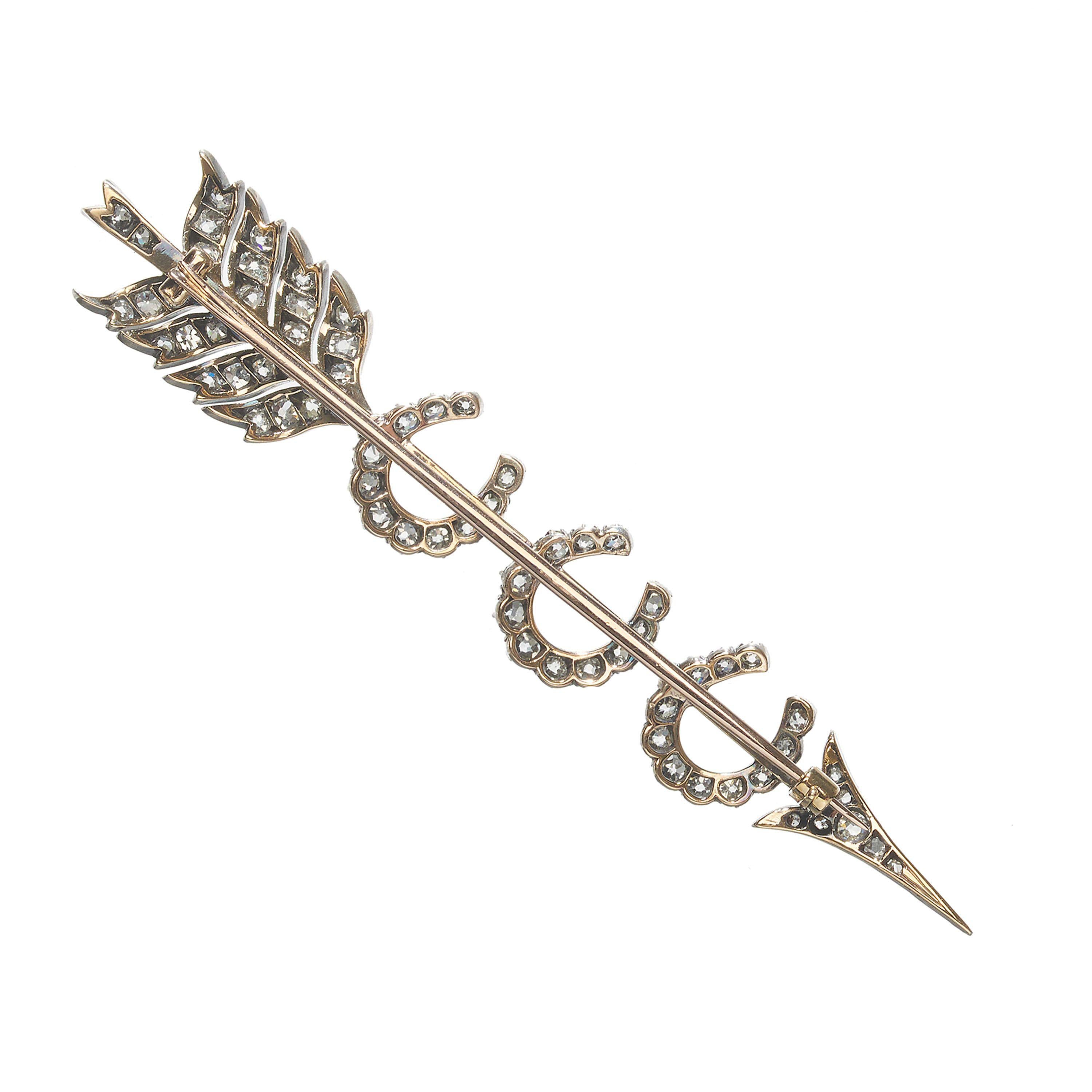 Women's Victorian Diamond And Silver Upon Gold Triple Horseshoe Arrow Brooch, 4.00 Carat