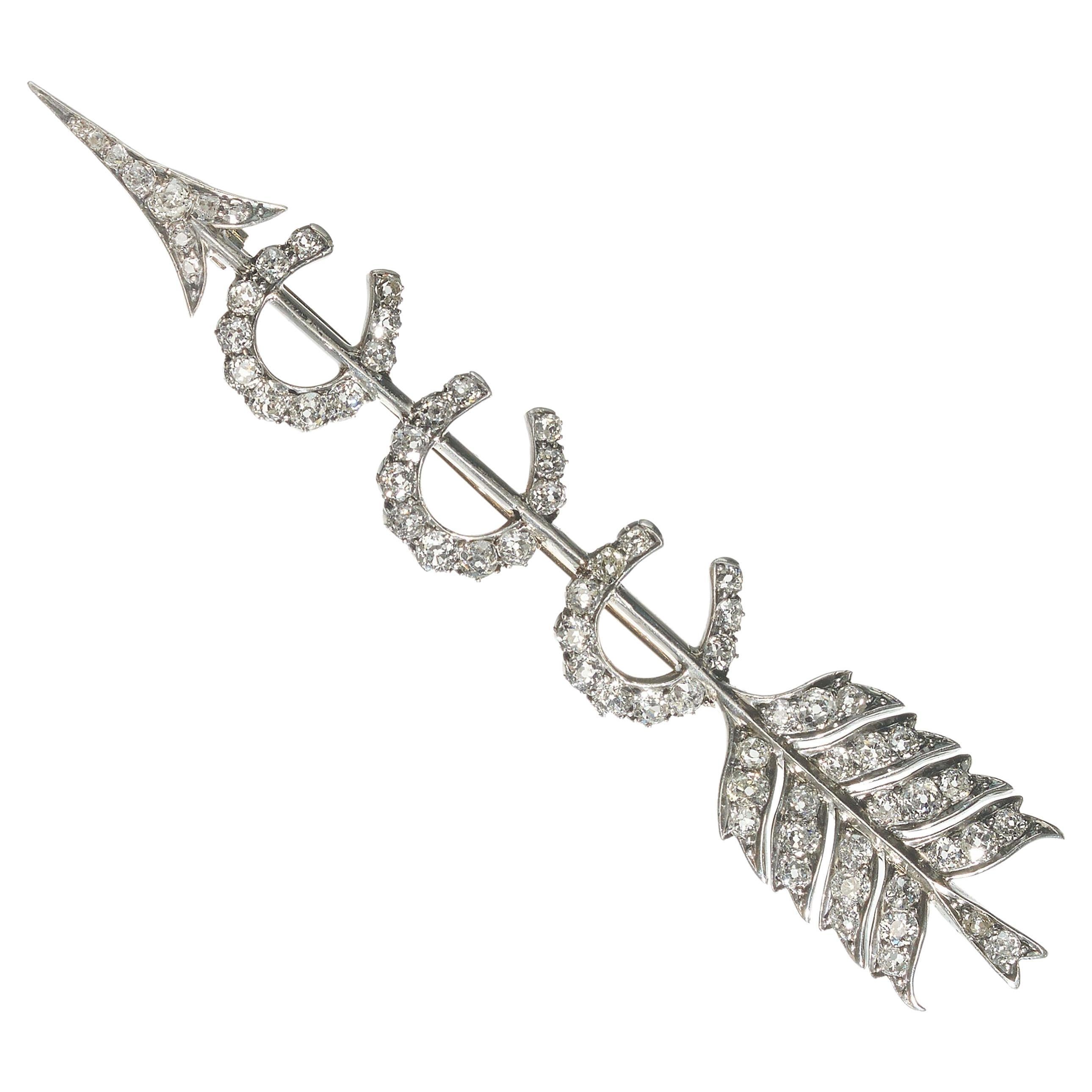 Victorian Diamond And Silver Upon Gold Triple Horseshoe Arrow Brooch, 4.00 Carat