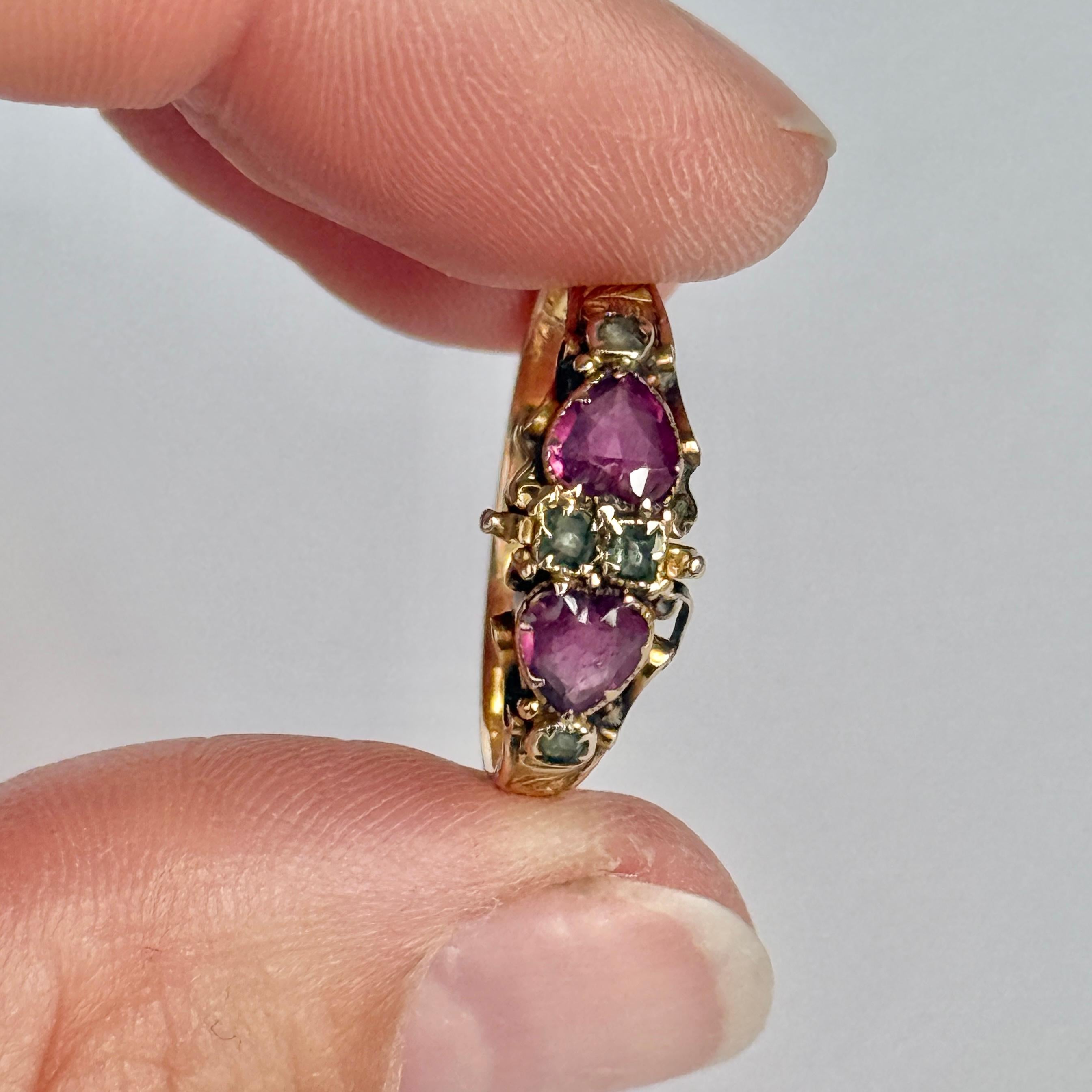 Anillo Victoriano de Diamantes y Turmalina de Oro de 15 Quilates con Doble Corazón en Bueno estado para la venta en Chipping Campden, GB