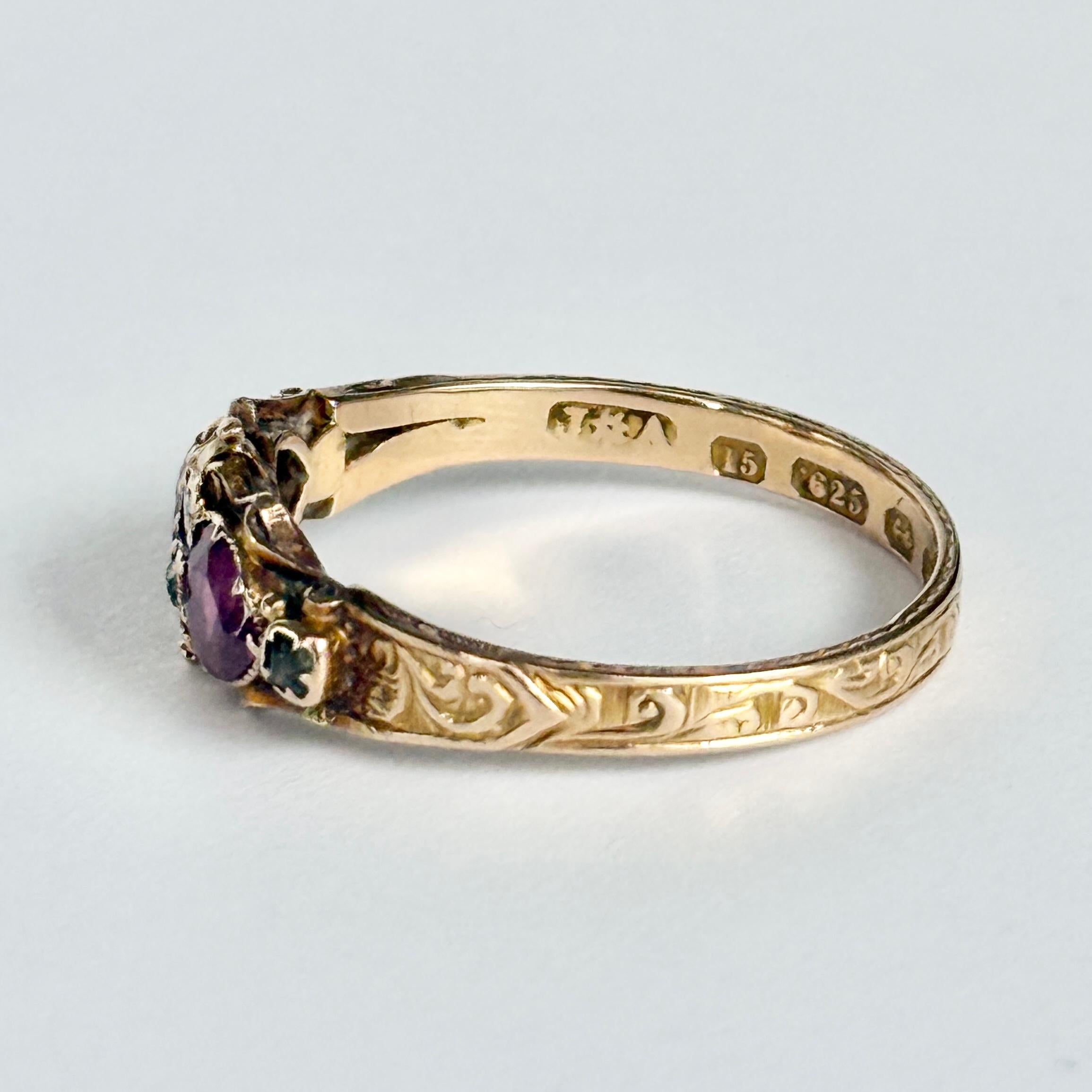 Femenino o masculino Anillo Victoriano de Diamantes y Turmalina de Oro de 15 Quilates con Doble Corazón en venta