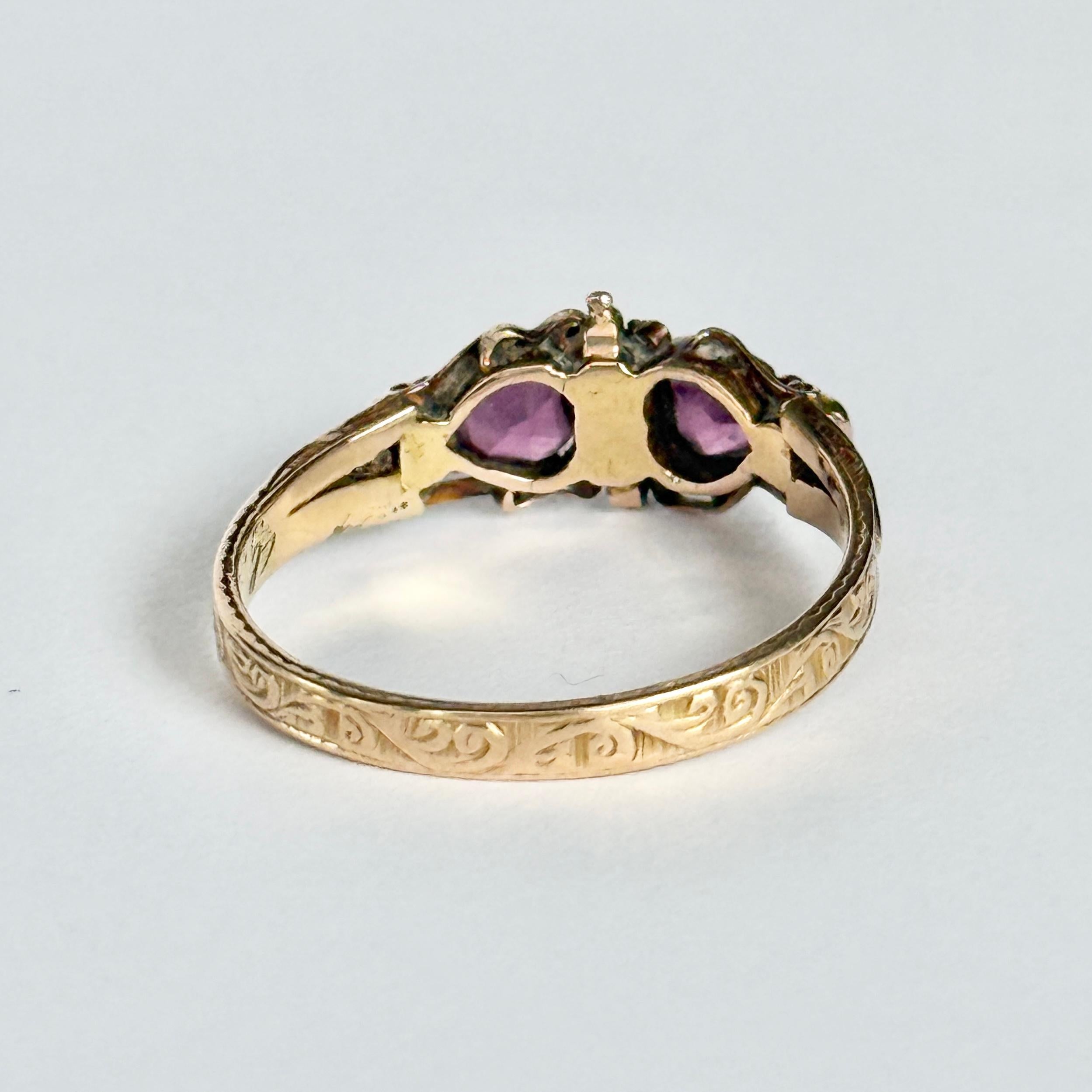 Anillo Victoriano de Diamantes y Turmalina de Oro de 15 Quilates con Doble Corazón en venta 1