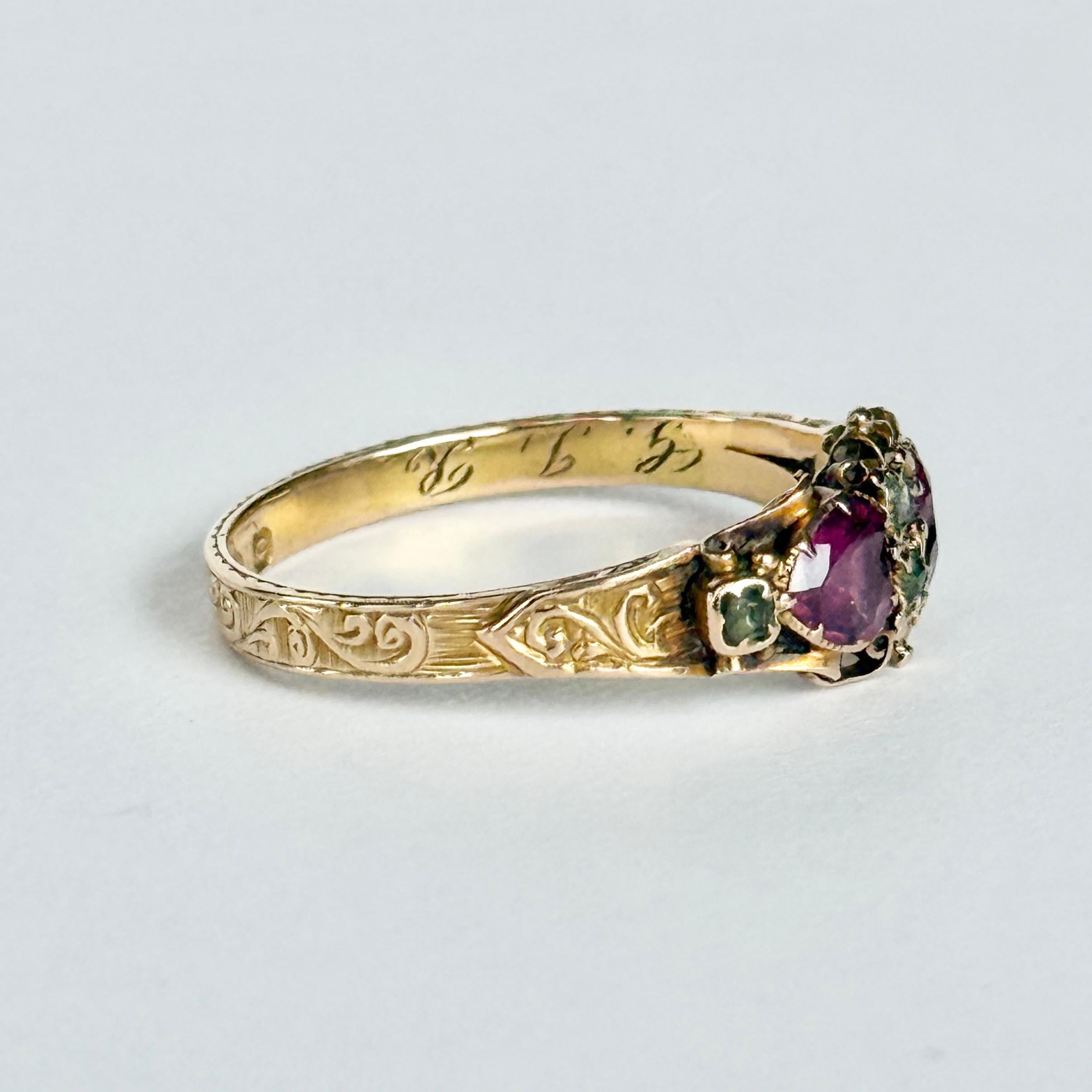 Anillo Victoriano de Diamantes y Turmalina de Oro de 15 Quilates con Doble Corazón en venta 2