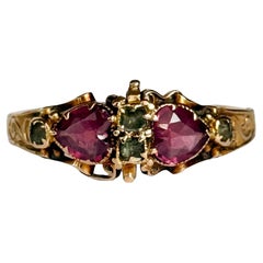 Anillo Victoriano de Diamantes y Turmalina de Oro de 15 Quilates con Doble Corazón