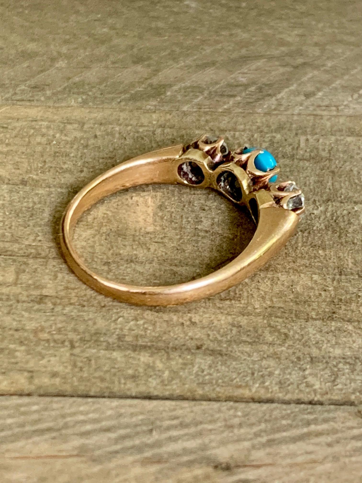 Victorian Diamond and Turquoise Prong-Set 14 Karat Yellow Gold Ring - Size 9 4