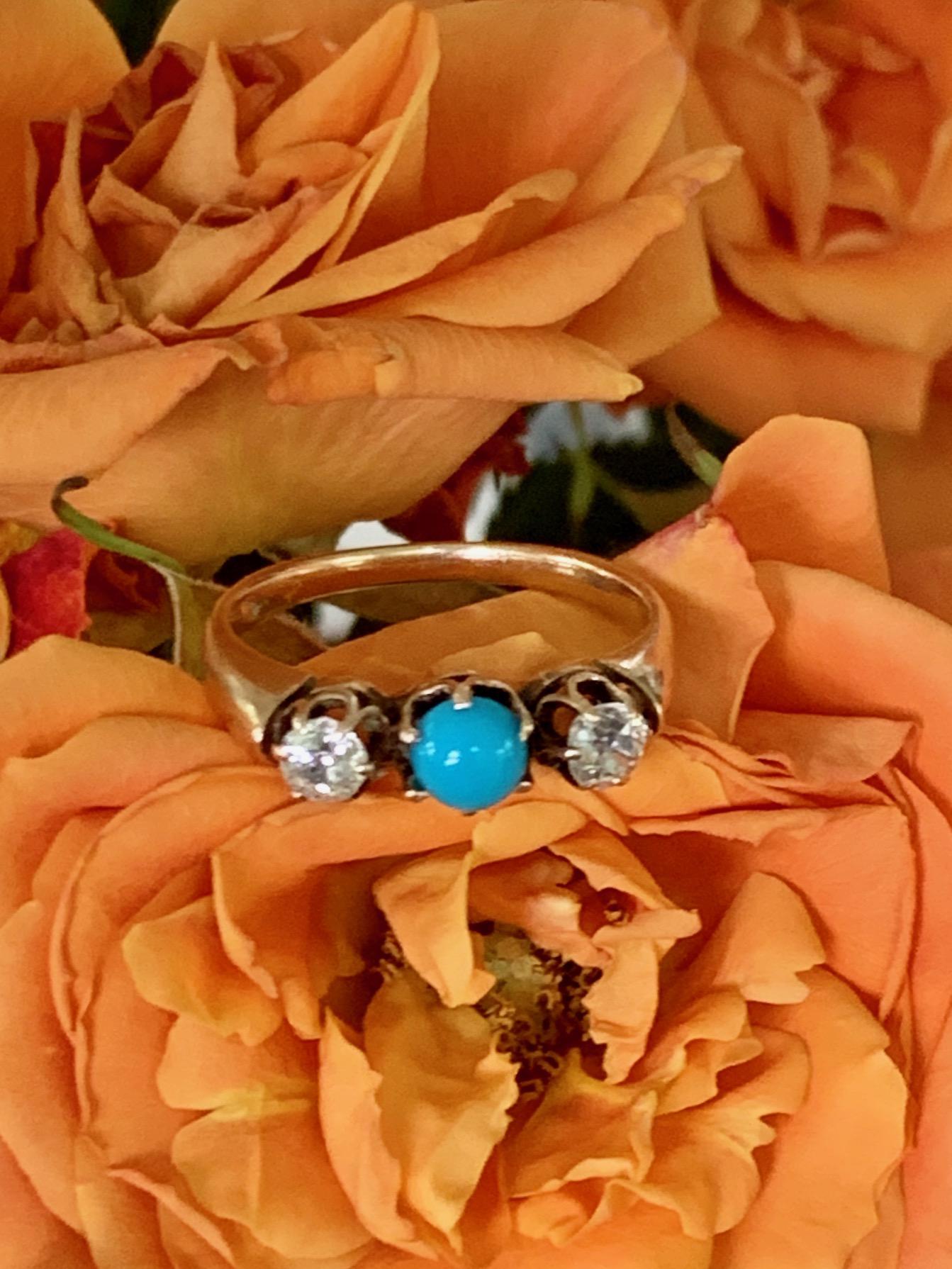 Women's Victorian Diamond and Turquoise Prong-Set 14 Karat Yellow Gold Ring - Size 9