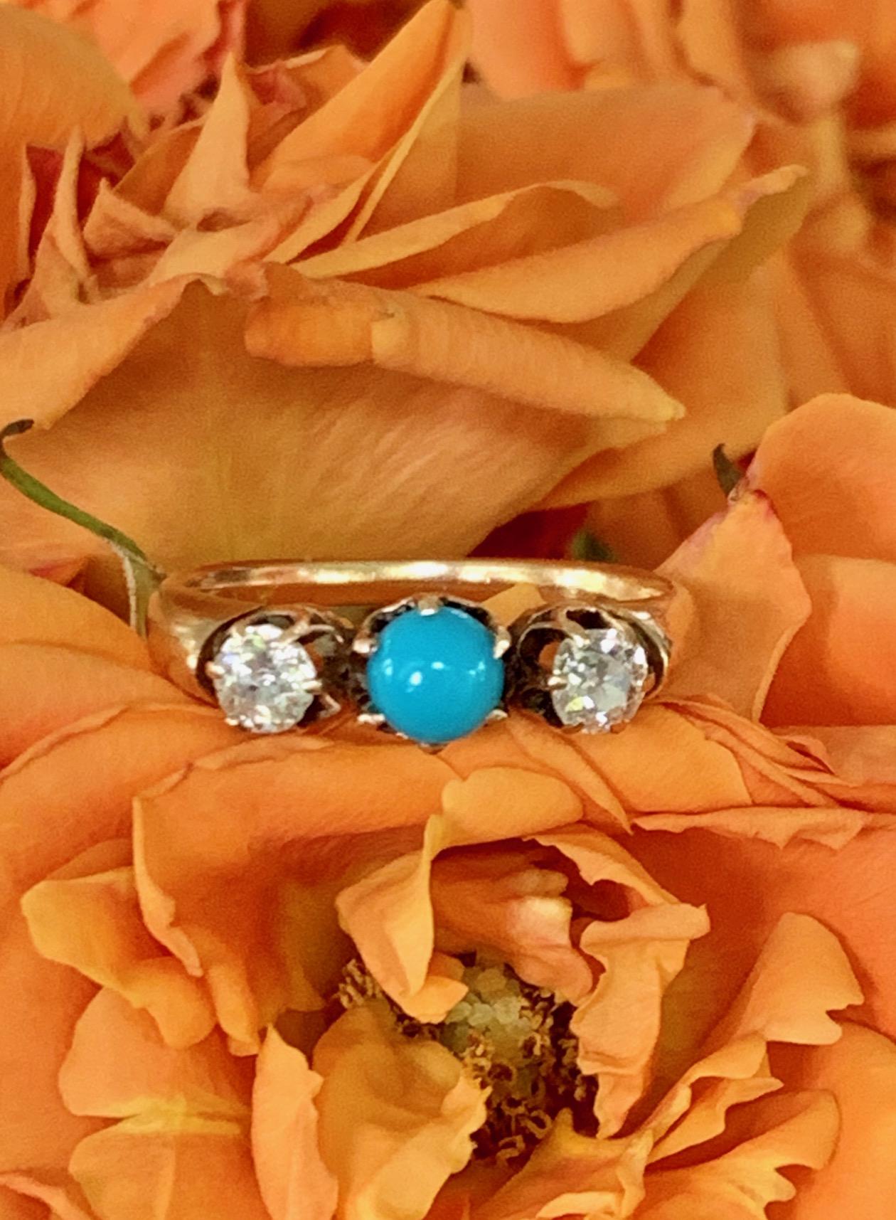 Victorian Diamond and Turquoise Prong-Set 14 Karat Yellow Gold Ring - Size 9 1