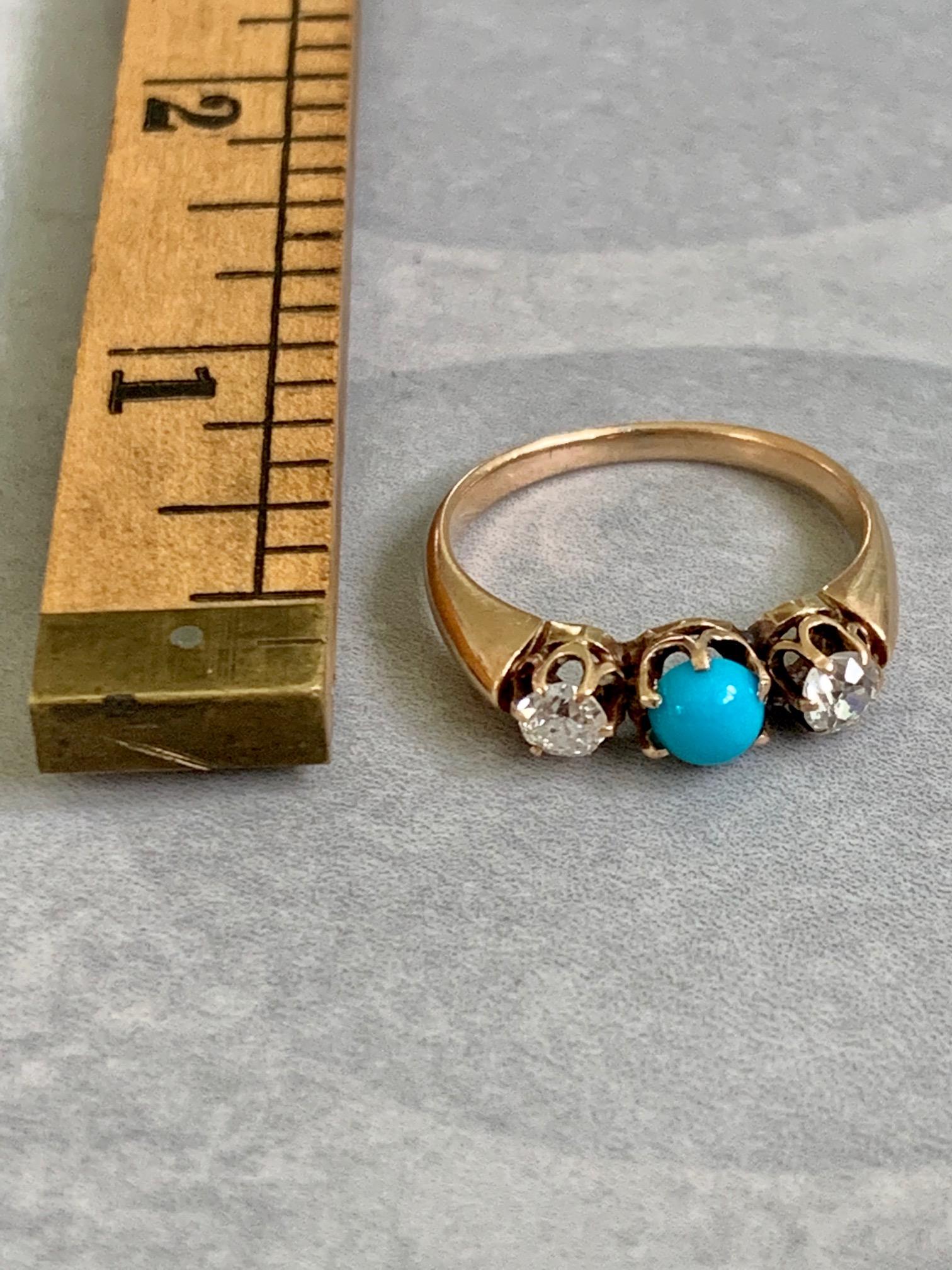 Victorian Diamond and Turquoise Prong-Set 14 Karat Yellow Gold Ring - Size 9 3