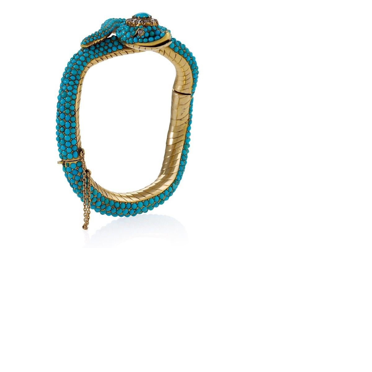 Victorian Diamond and Turquoise Snake Bangle Bracelet In Excellent Condition In New York, NY