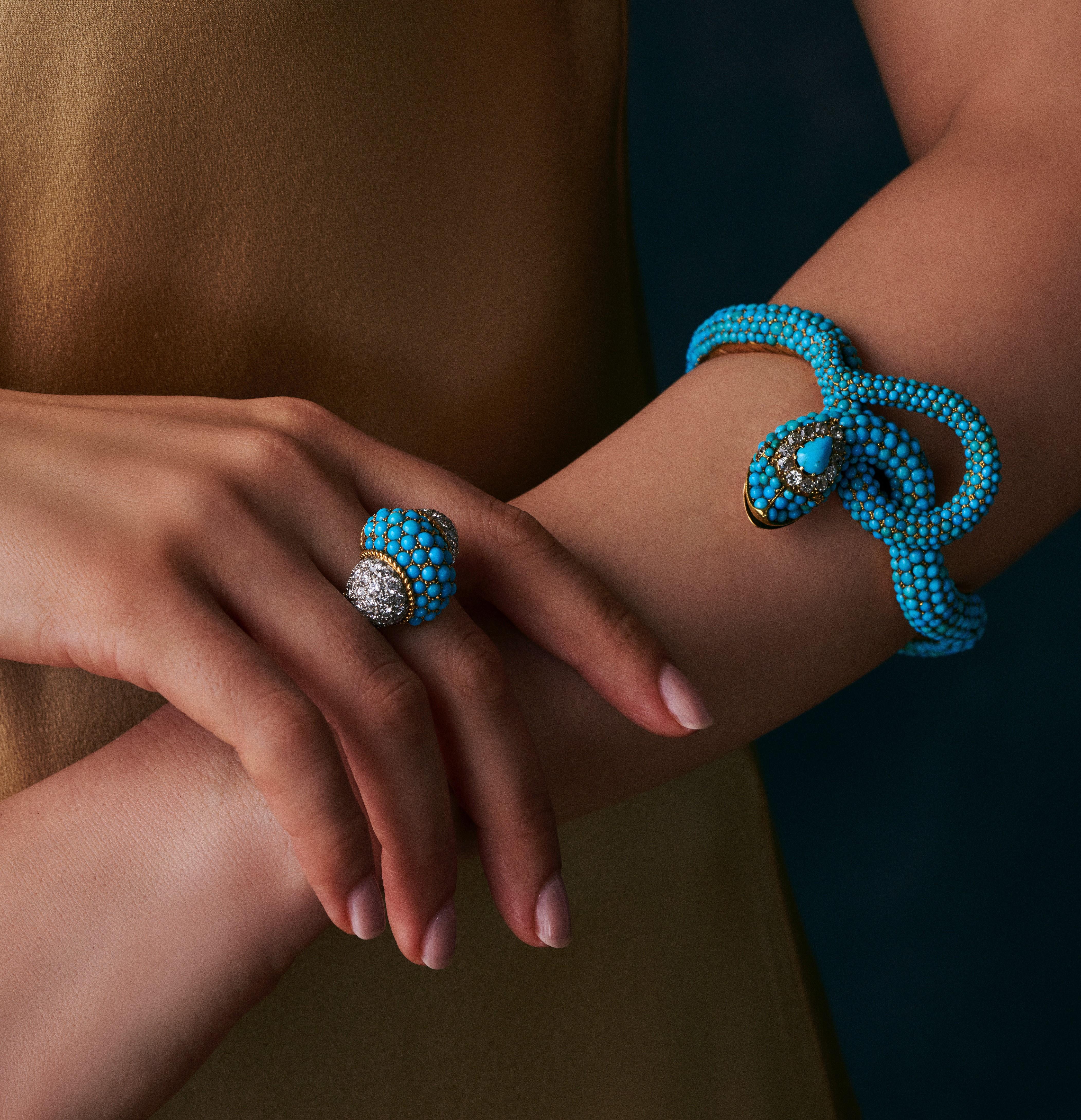 Victorian Diamond and Turquoise Snake Bangle Bracelet 1