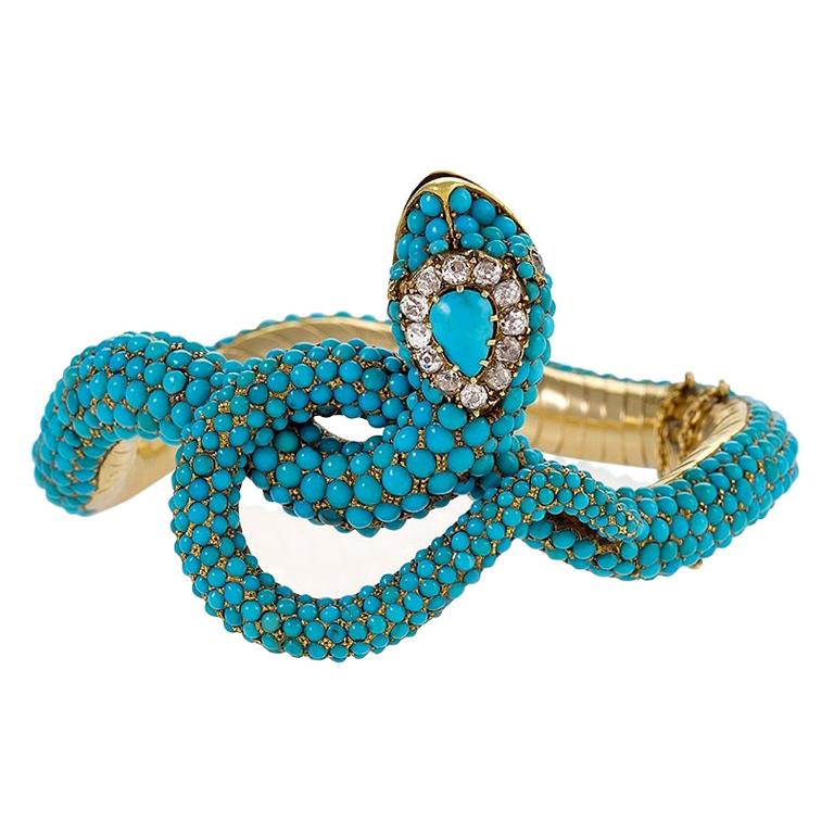 Victorian Diamond and Turquoise Snake Bangle Bracelet