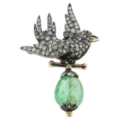 Victorian Diamond Bird and Emerald Drop Brooch