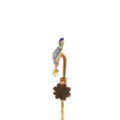 Victorian Diamond Bird Stickpin 18K Yellow Gold, Silver With Diamonds & Enamel