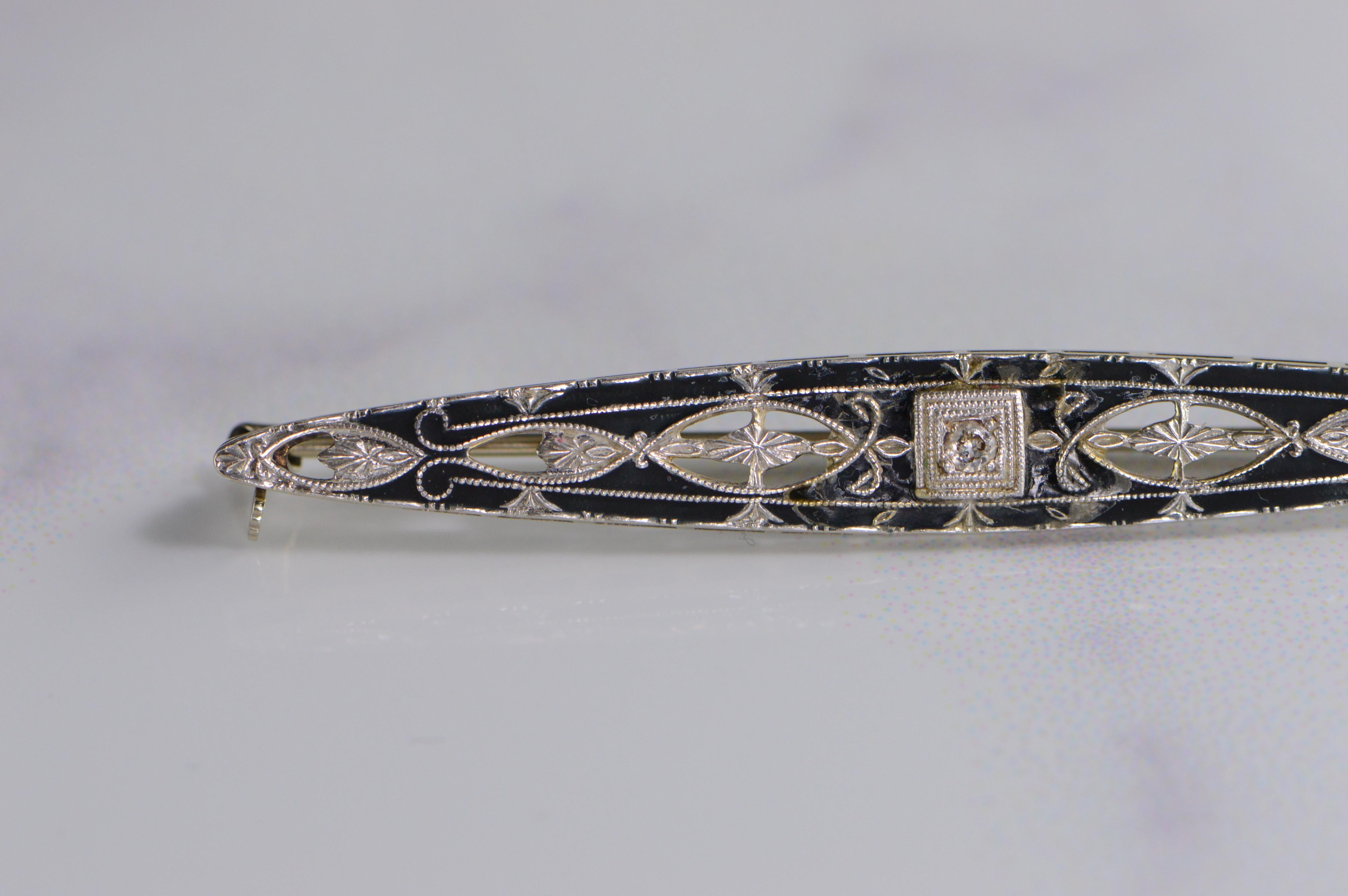 Women's Victorian Diamond Black Enamel Filigree Brooch Pin For Sale