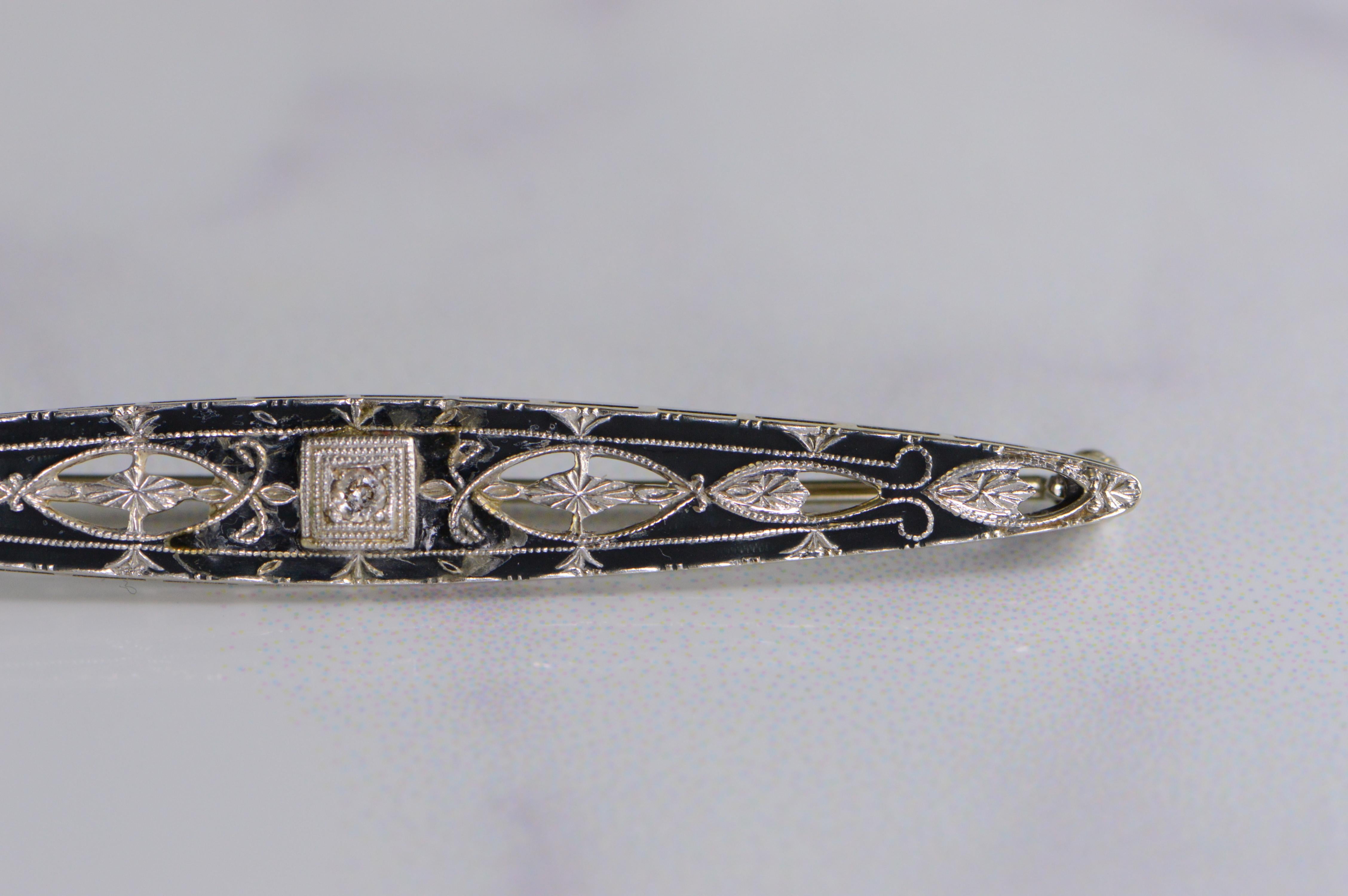 Victorian Diamond Black Enamel Filigree Brooch Pin For Sale 1