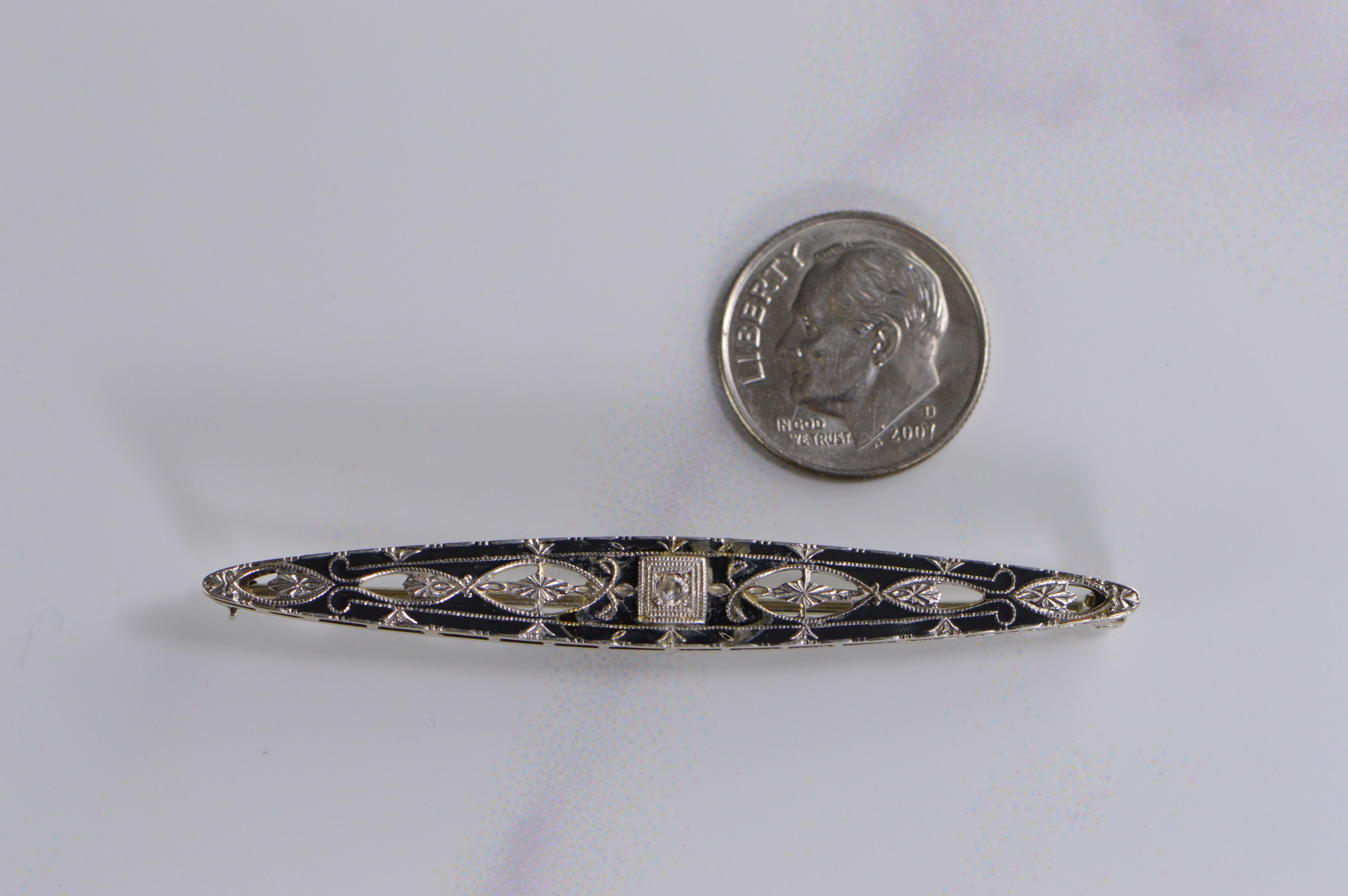 Victorian Diamond Black Enamel Filigree Brooch Pin For Sale 2