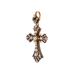 Victorian Diamond Black Enamel Gold Cross Pendant