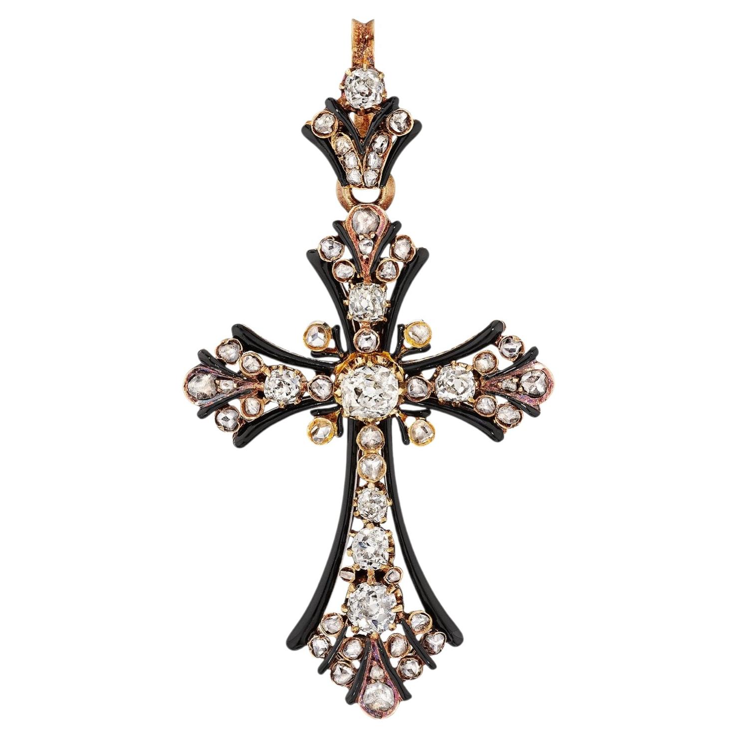 Victorian Diamond Black Enamel Gold Cross Pendant