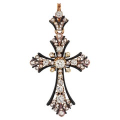 Victorian Diamond Black Enamel Gold Cross Pendant