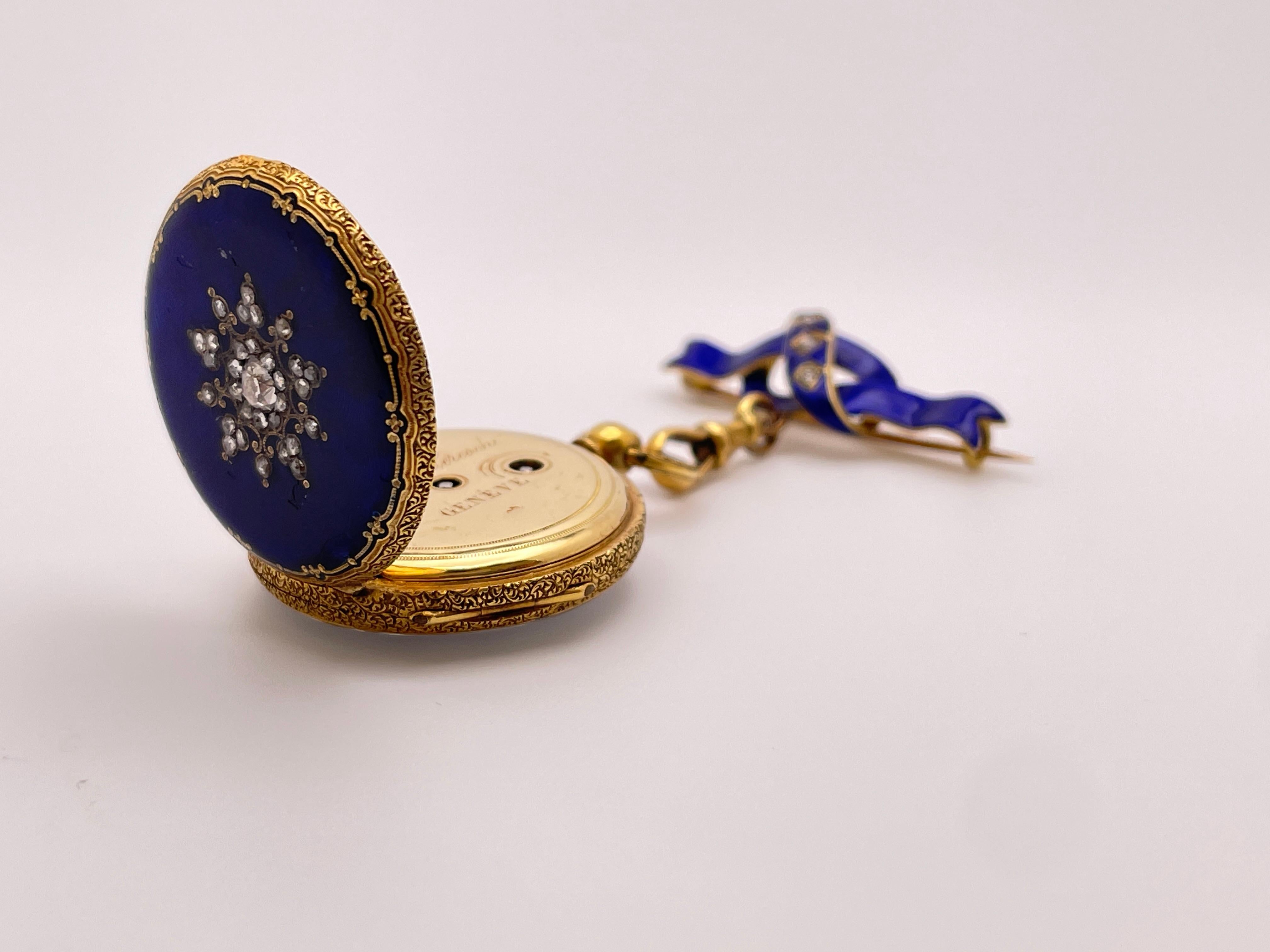 Reloj Victoriano Colgante Esmalte Azul Diamante Oro Amarillo 18K en venta 5