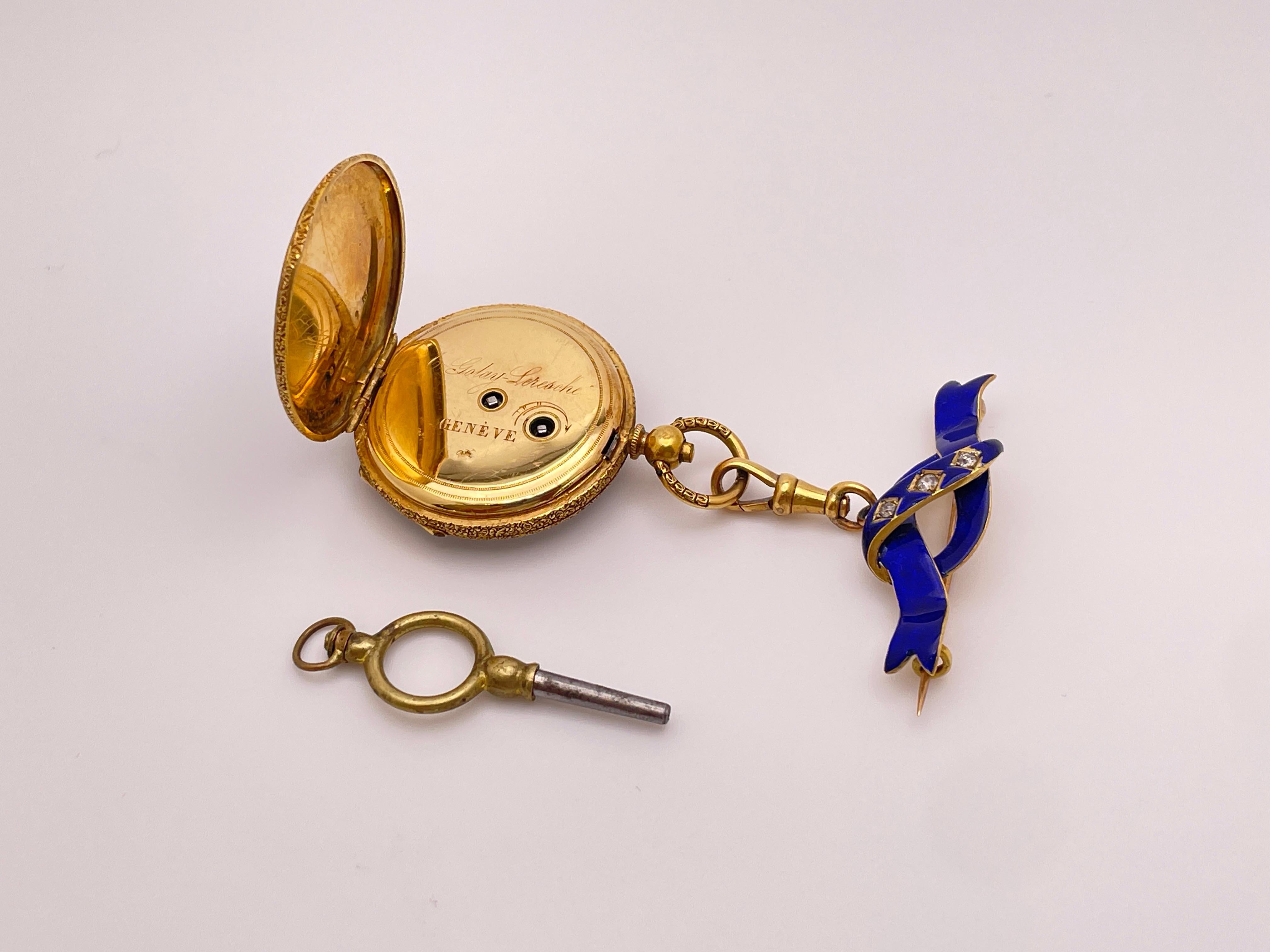 Reloj Victoriano Colgante Esmalte Azul Diamante Oro Amarillo 18K en venta 7