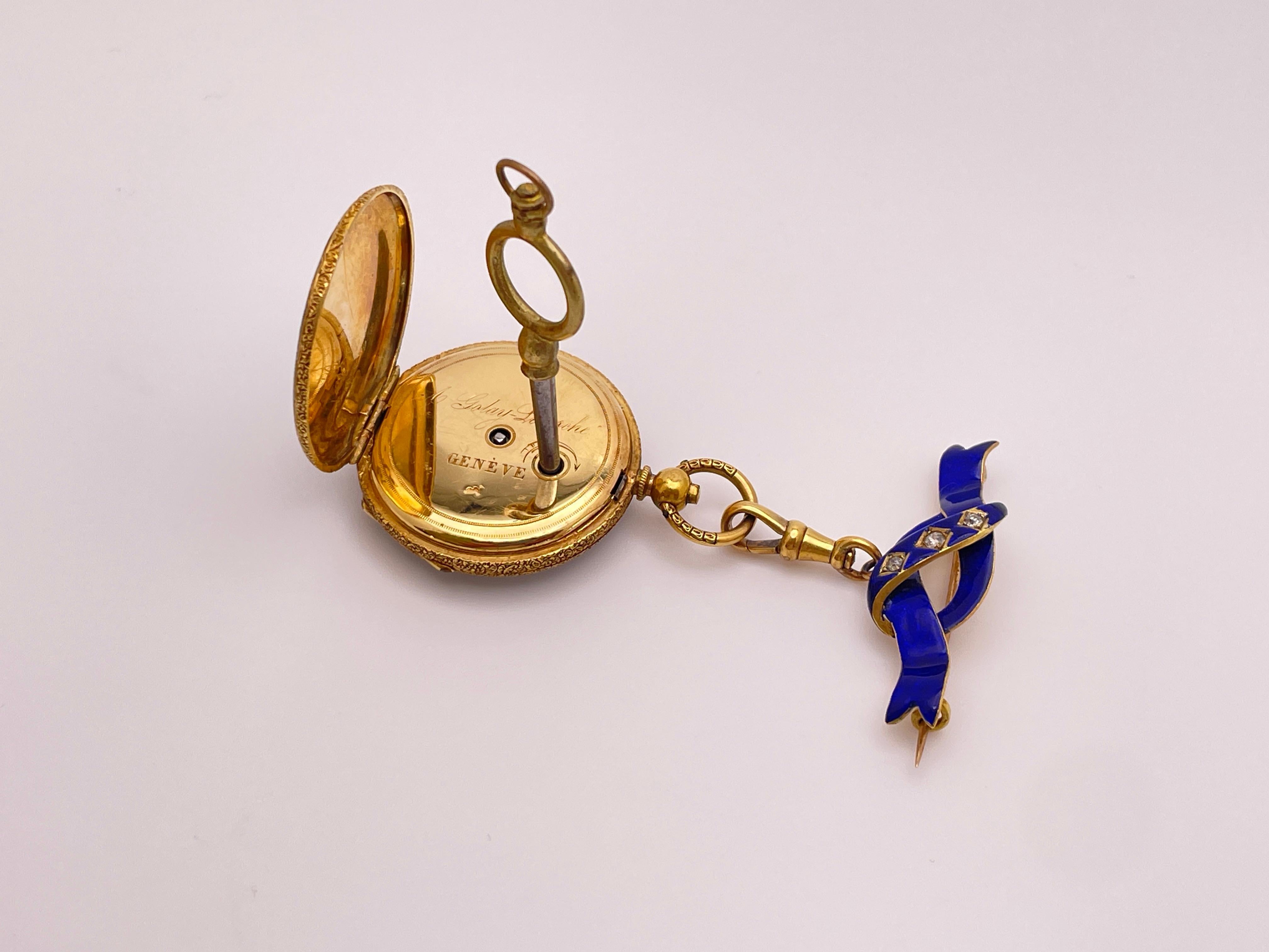 Reloj Victoriano Colgante Esmalte Azul Diamante Oro Amarillo 18K en venta 8