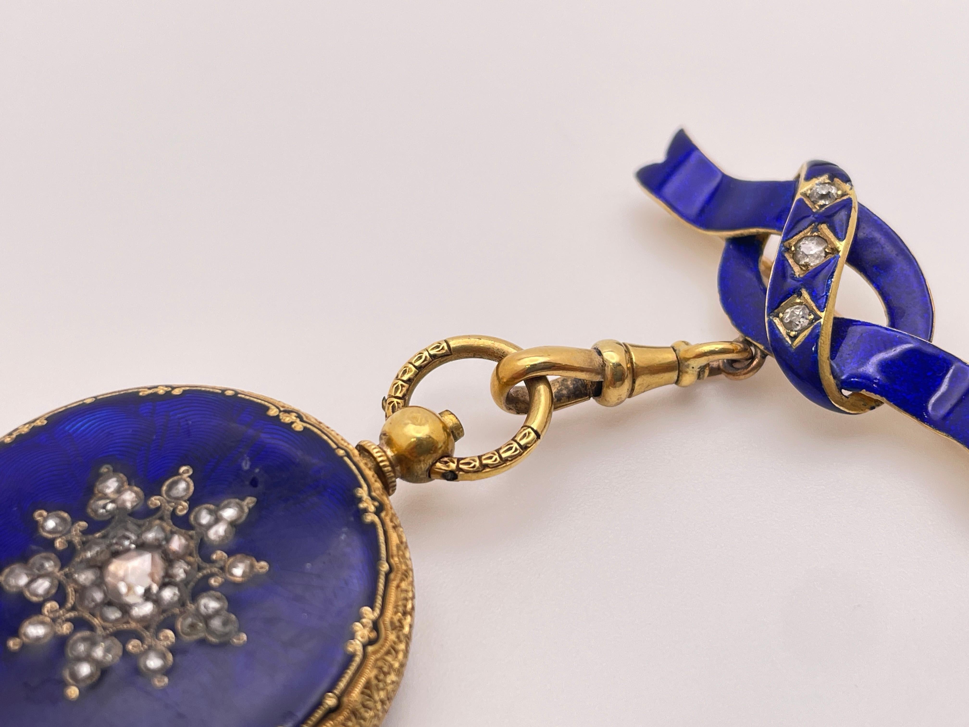 Reloj Victoriano Colgante Esmalte Azul Diamante Oro Amarillo 18K en venta 10