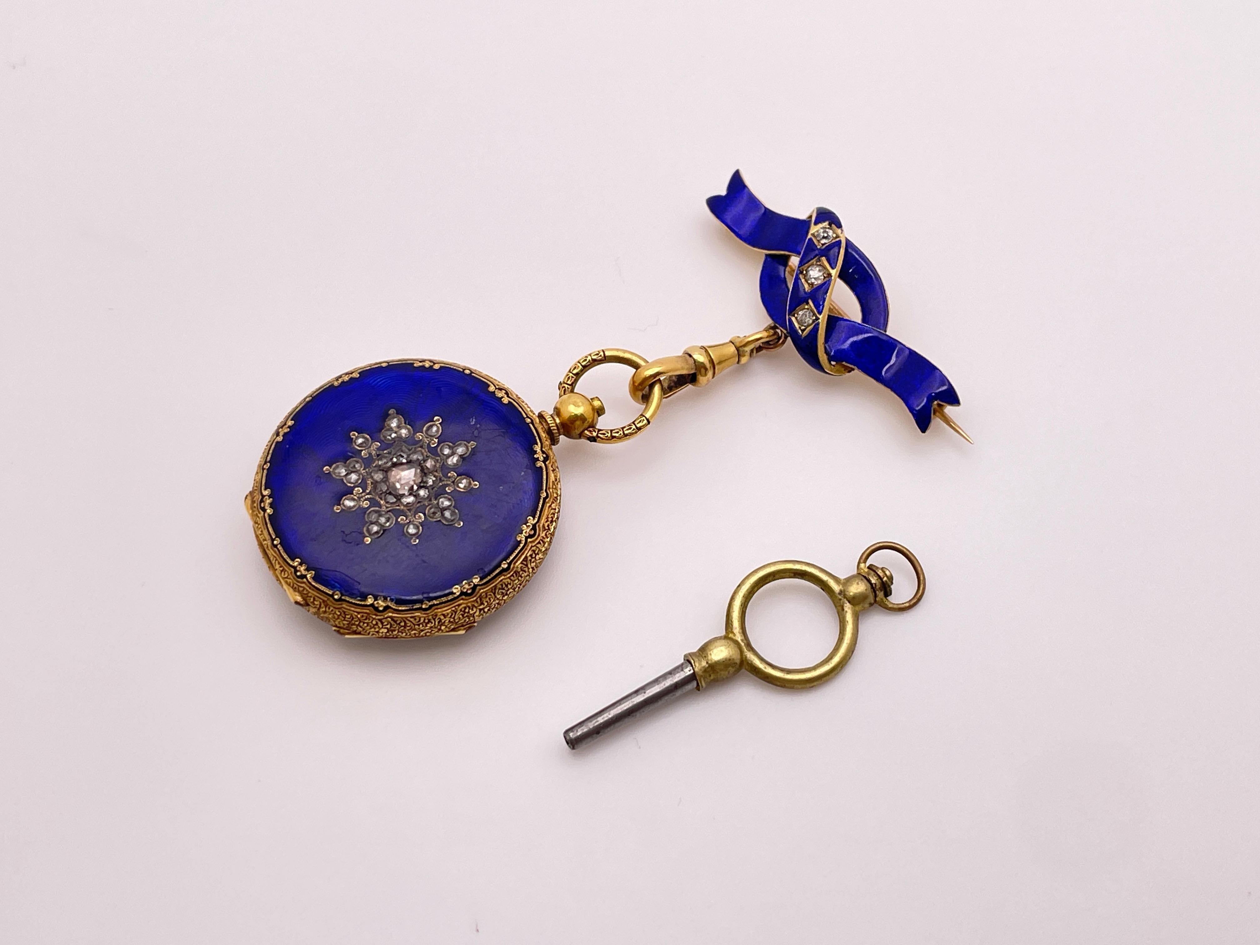 Reloj Victoriano Colgante Esmalte Azul Diamante Oro Amarillo 18K en venta 12