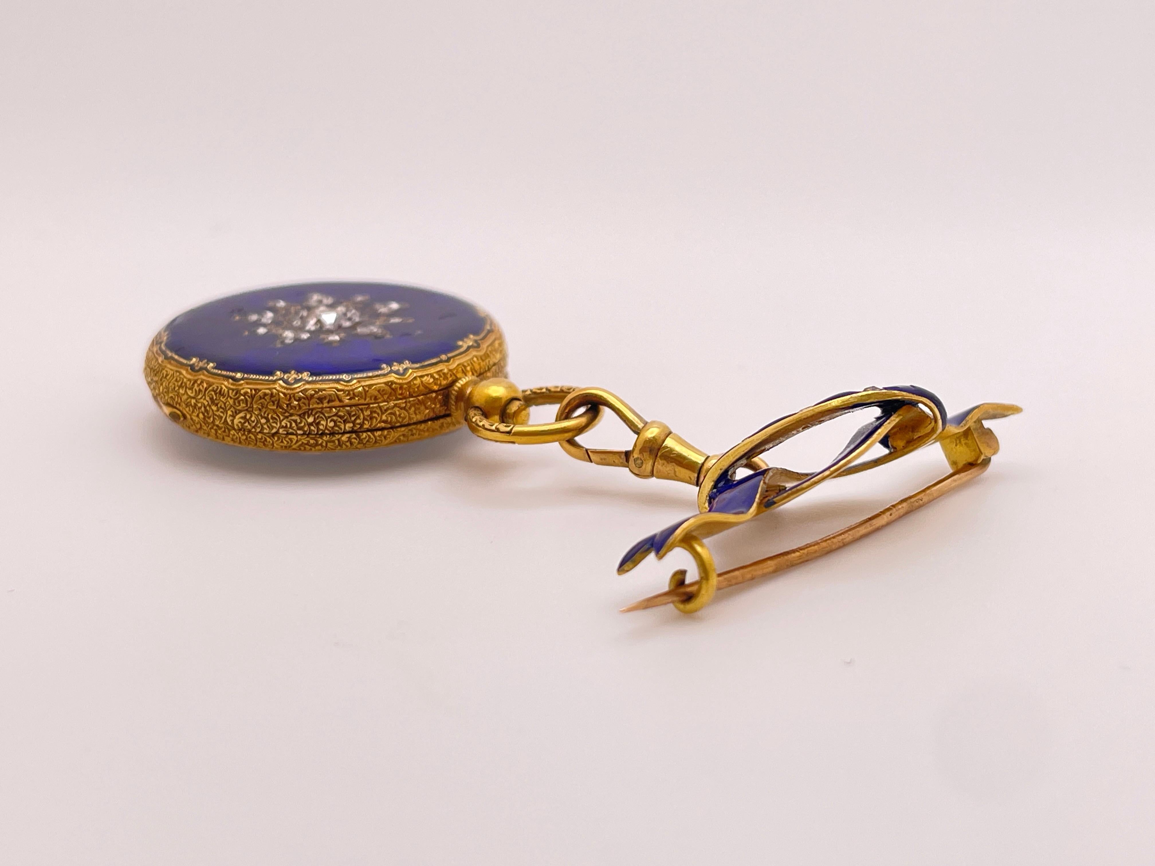 Reloj Victoriano Colgante Esmalte Azul Diamante Oro Amarillo 18K en venta 13