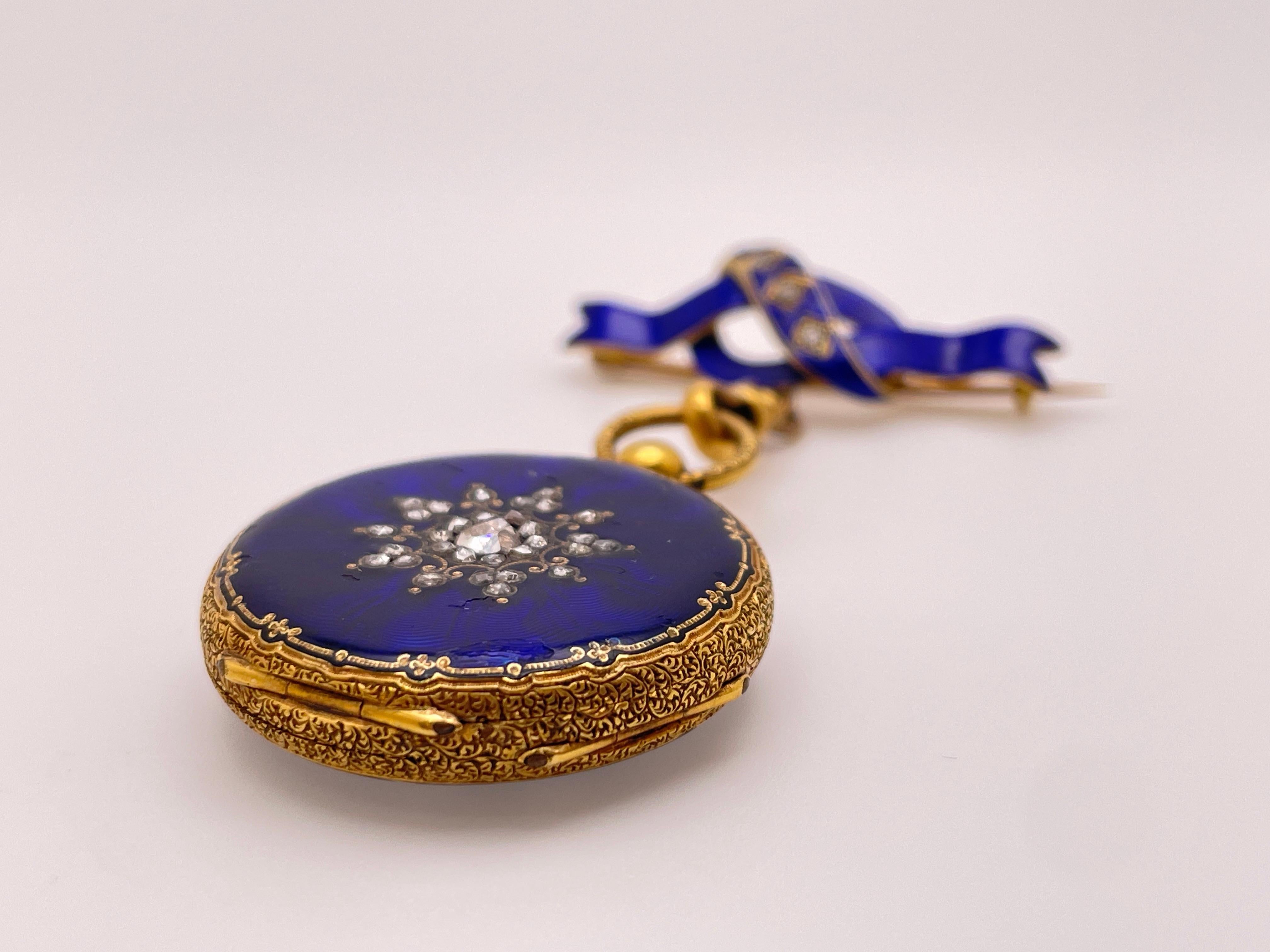 Reloj Victoriano Colgante Esmalte Azul Diamante Oro Amarillo 18K Corte rosa en venta