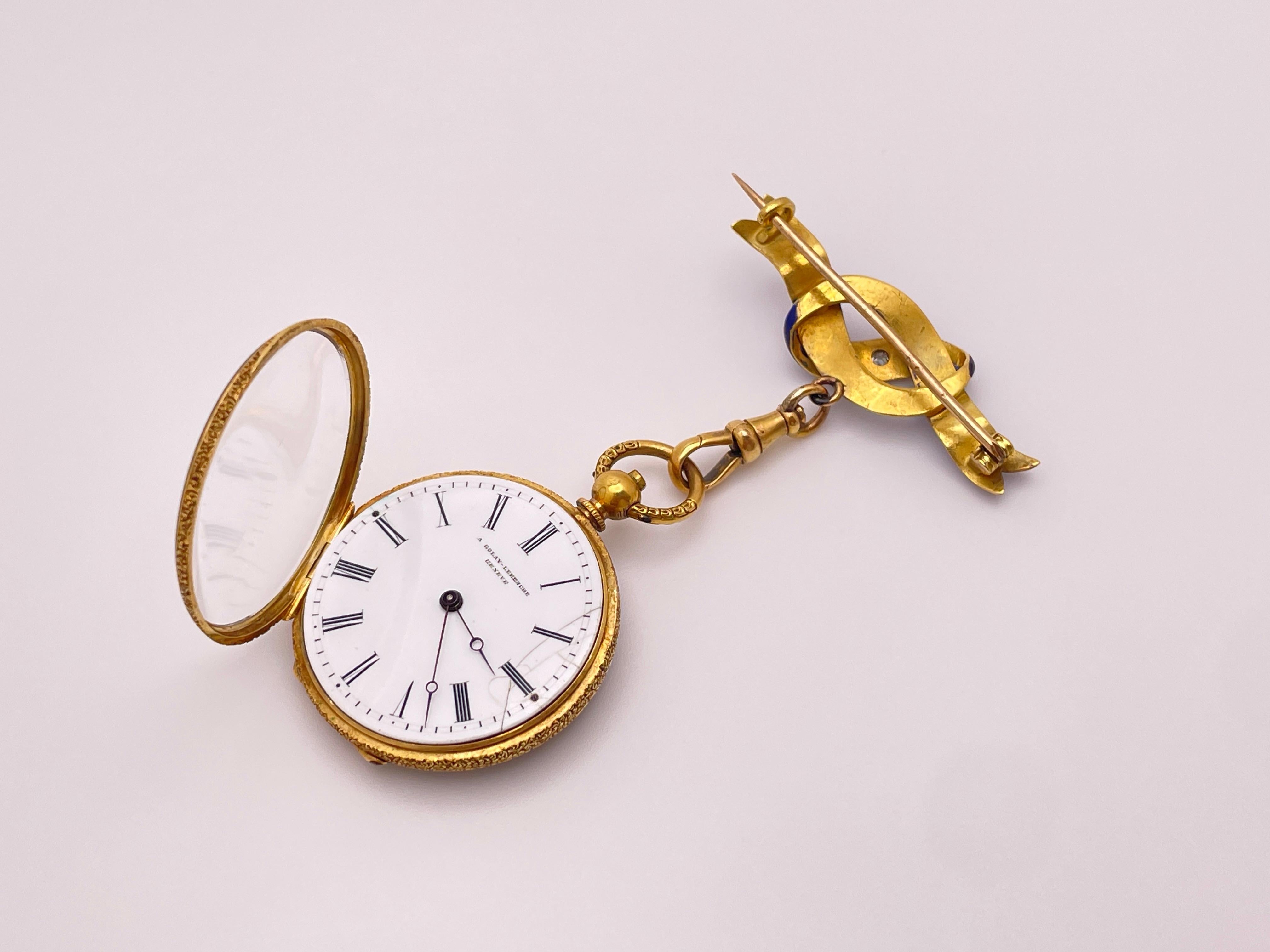 Femenino o masculino Reloj Victoriano Colgante Esmalte Azul Diamante Oro Amarillo 18K en venta