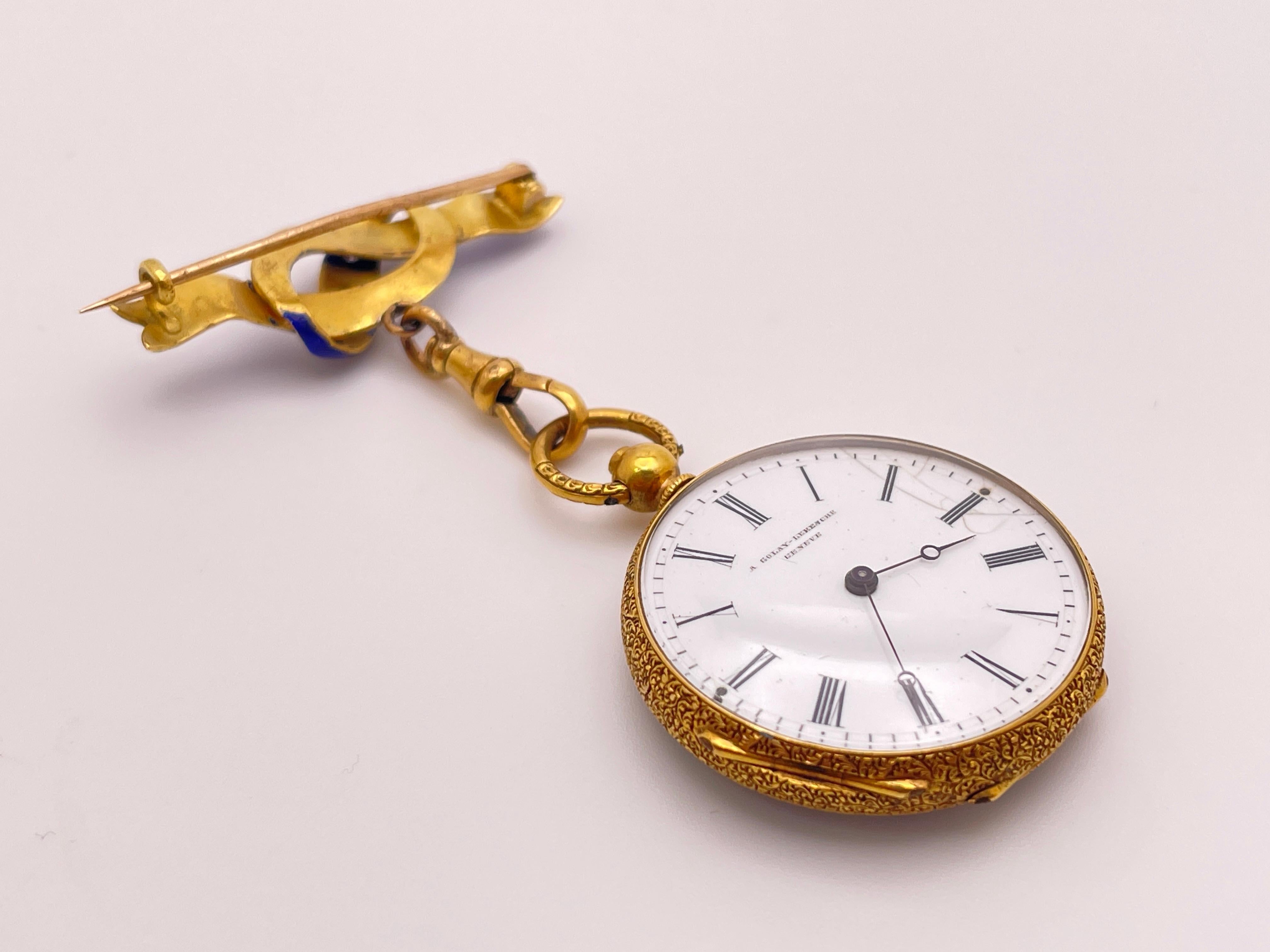 Reloj Victoriano Colgante Esmalte Azul Diamante Oro Amarillo 18K en venta 2