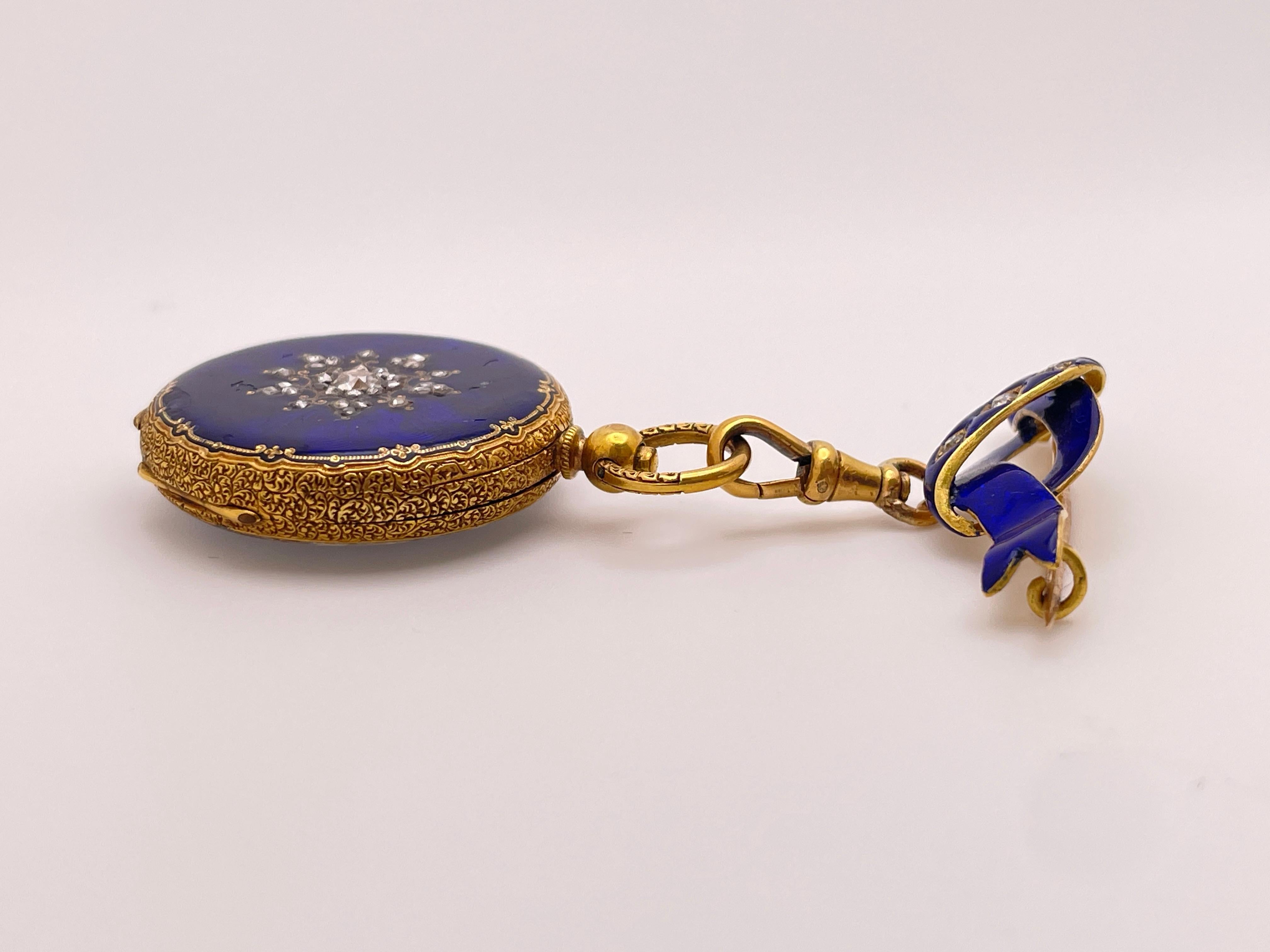 Reloj Victoriano Colgante Esmalte Azul Diamante Oro Amarillo 18K en venta 3